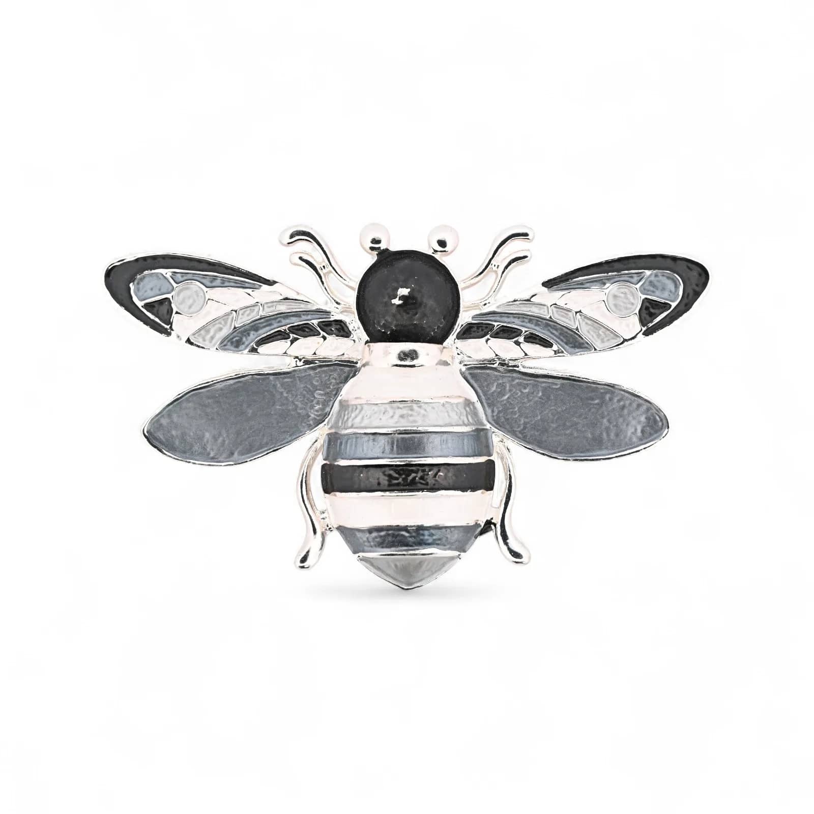 Monochrome Bienenbrosche schwarz-silber, obere Flügel in Glasmalerei-Optik, Körper mit schwarzen, grauen und weißen Streifen
