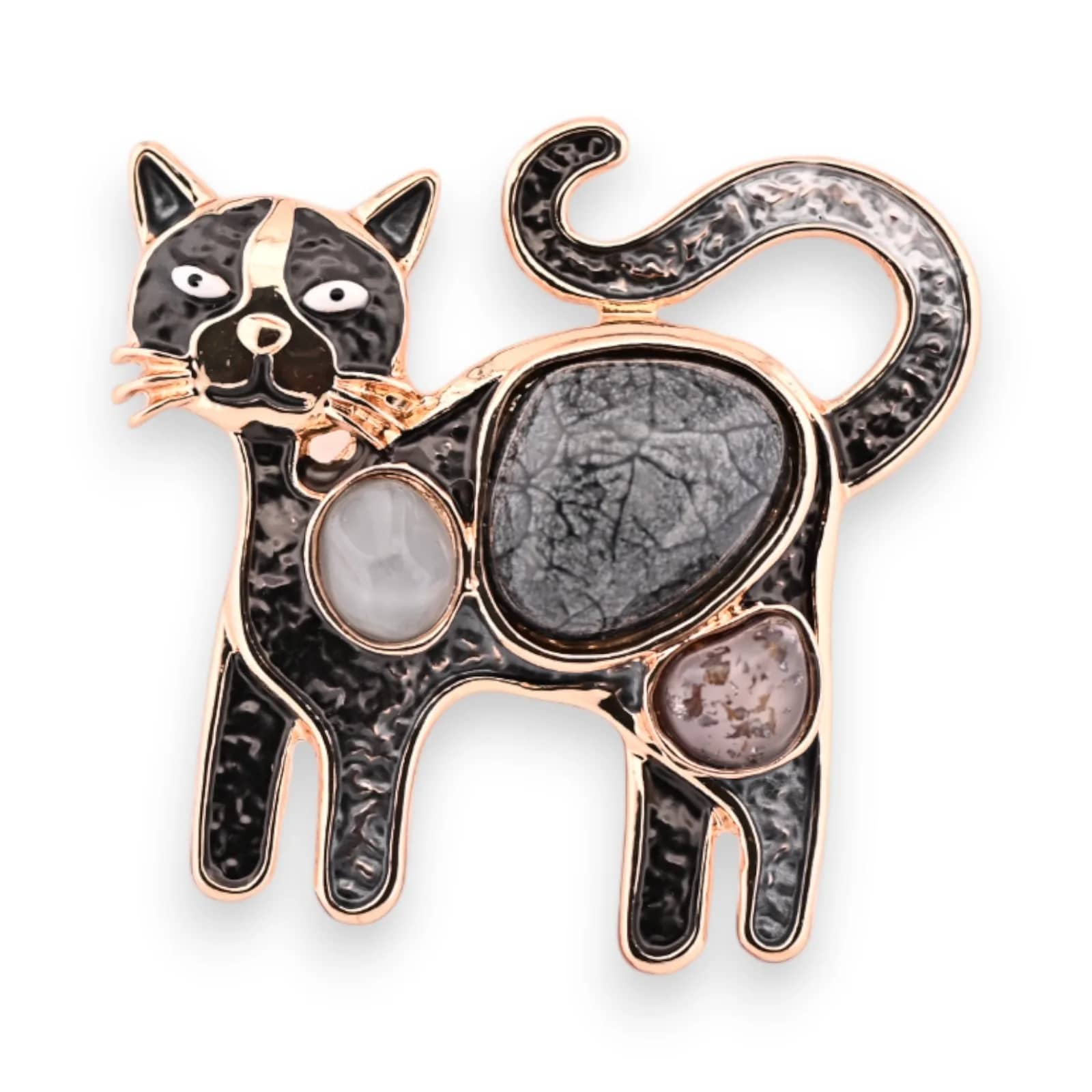 Goldene Katzenbrosche mit schwarzer Emaille, stehende Katze mit erhobenem Schwanz und drei Cabochons in Perlmutt, Grau und Rosé