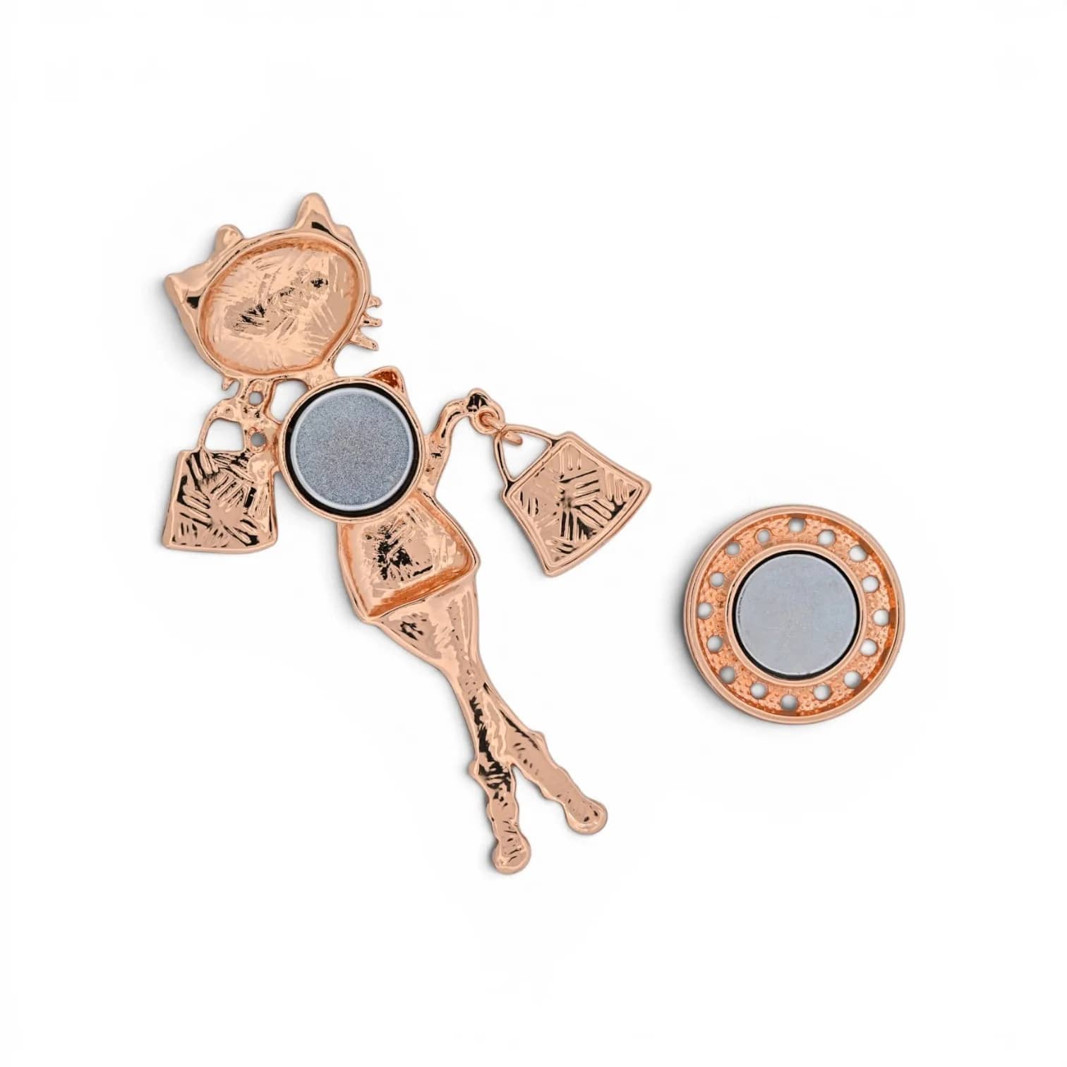 Broche chat shopping fashion dorée, vue du dos avec plaque aimantée
