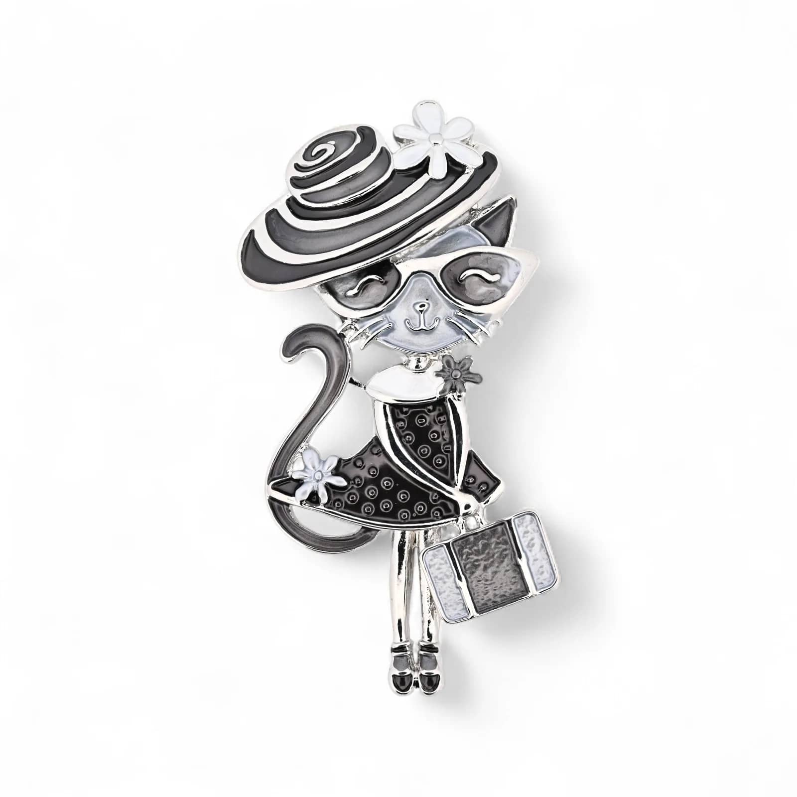 Broche chatte parisienne aimantée, dame féline au chapeau rayé, robe à pois et petite valise, noir et blanc