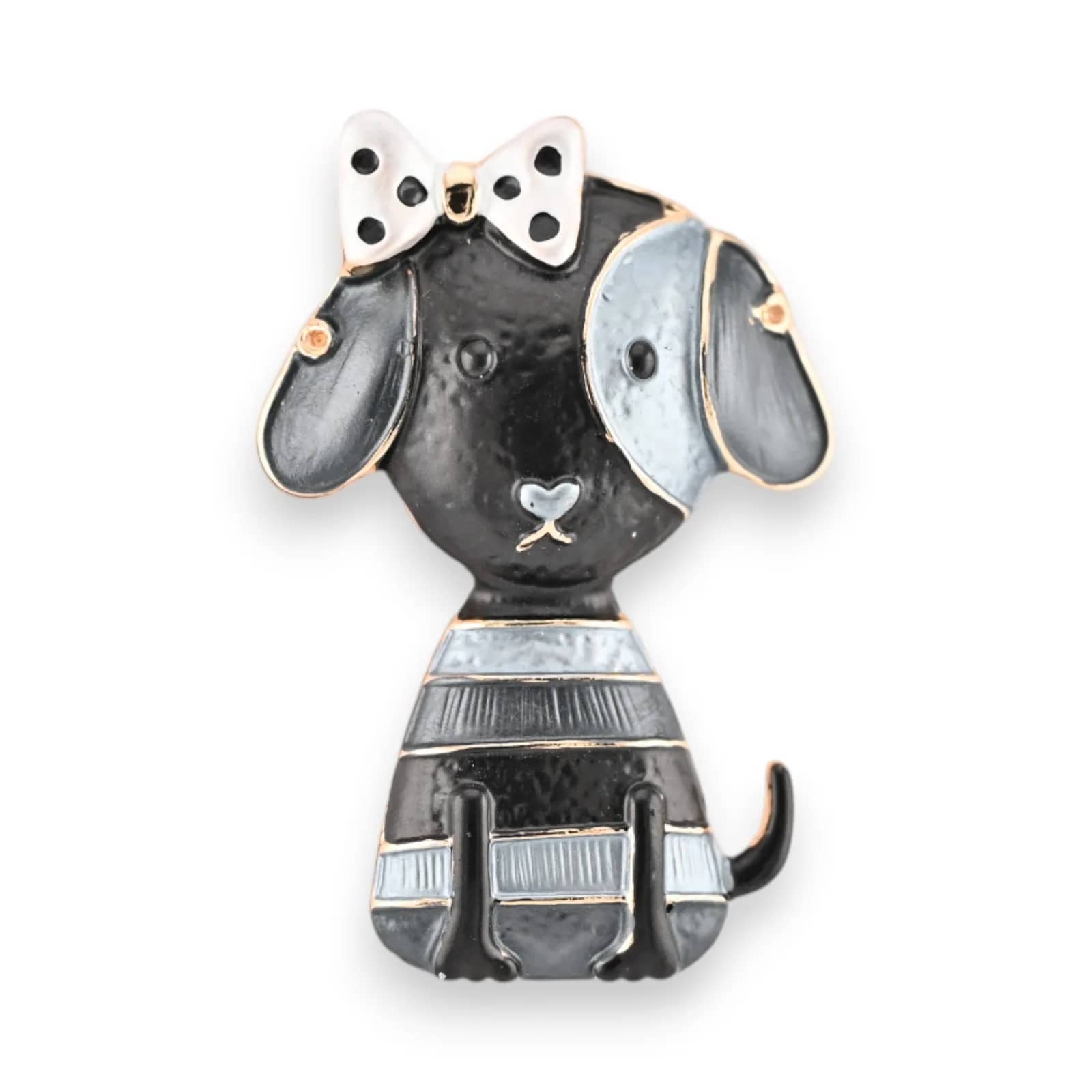 Broche chien noir et gris aimantée, nœud à pois, contours dorés et corps rayé