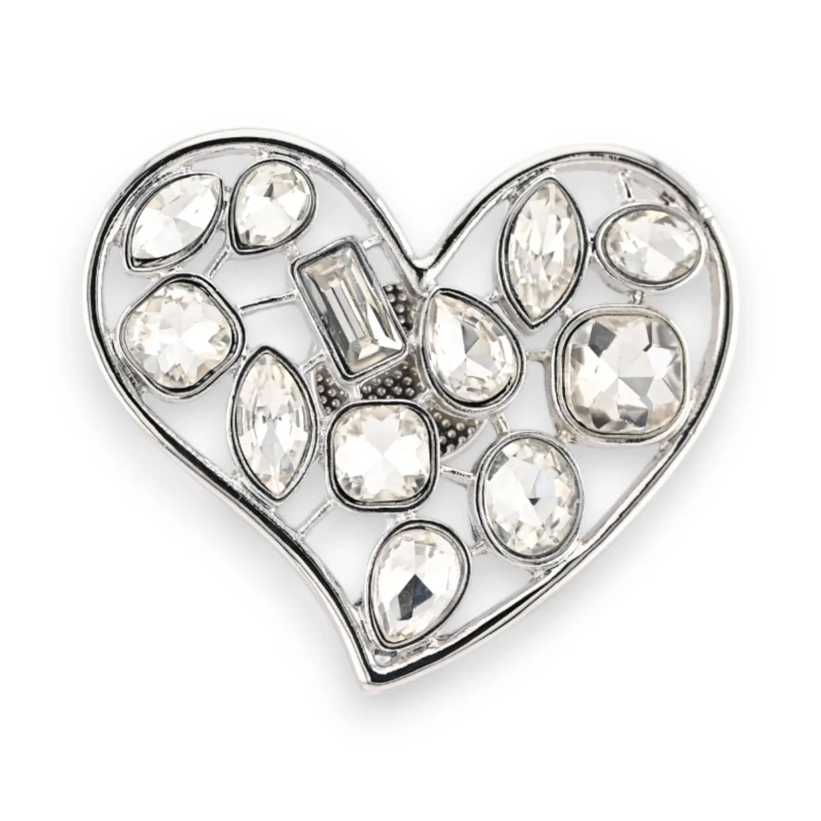 Broche cœur argentée aimantée, ajourée et entièrement sertie de cristaux blancs scintillants