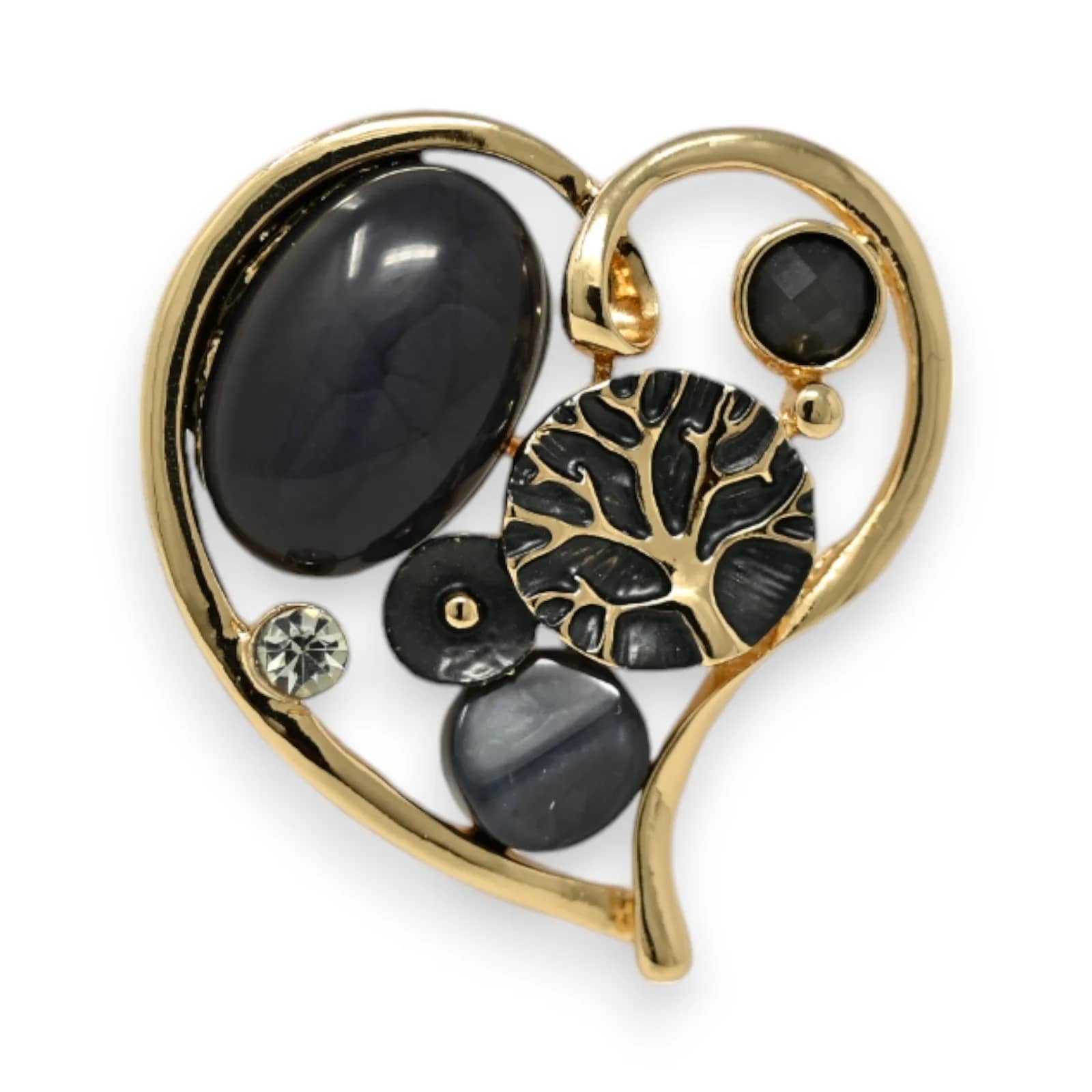 Broche cœur doré et noir aimantée, composition boho avec cabochons et motif arbre de vie