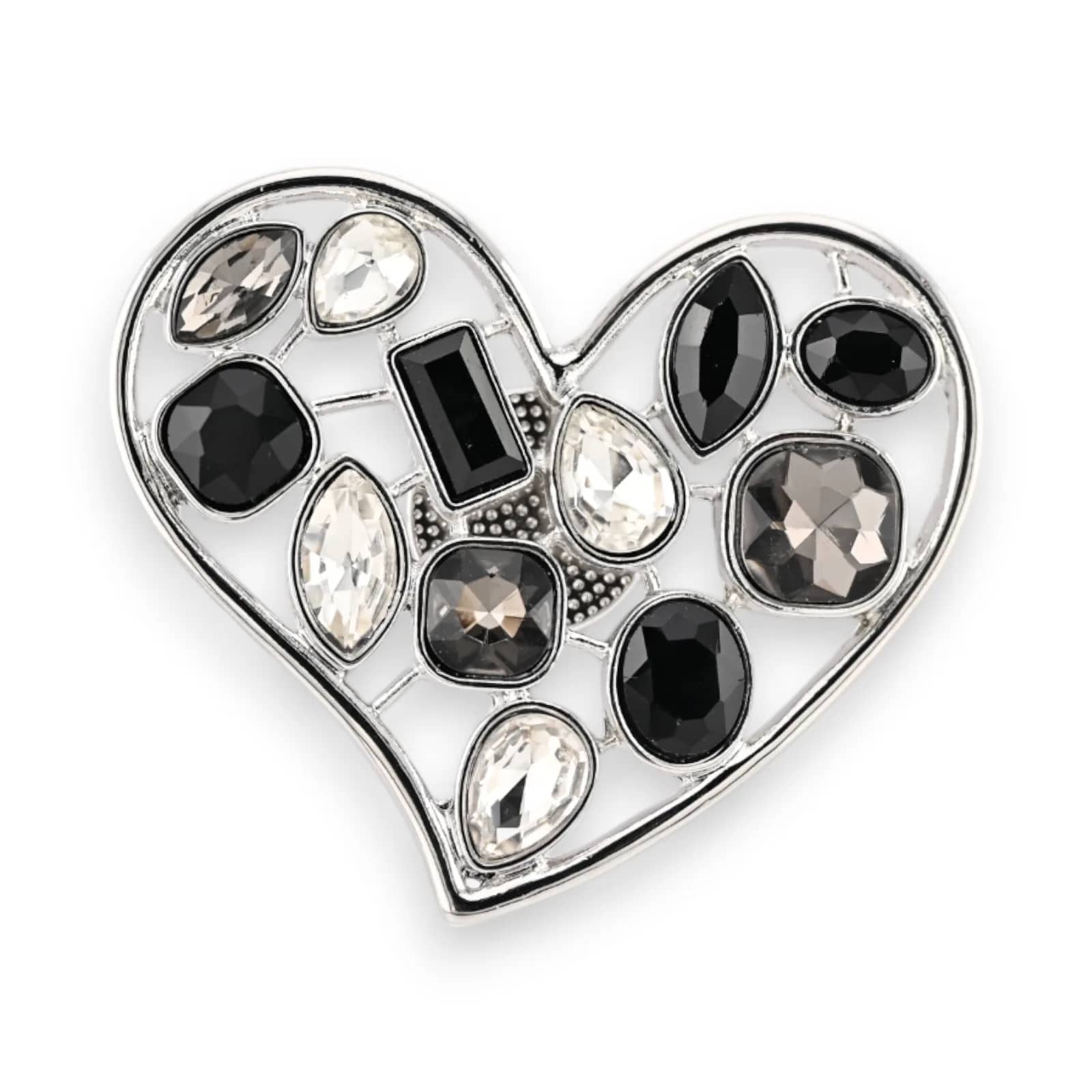 Broche cœur glamour argentée aimantée, sertie de strass noirs, blancs et gris de formes variées