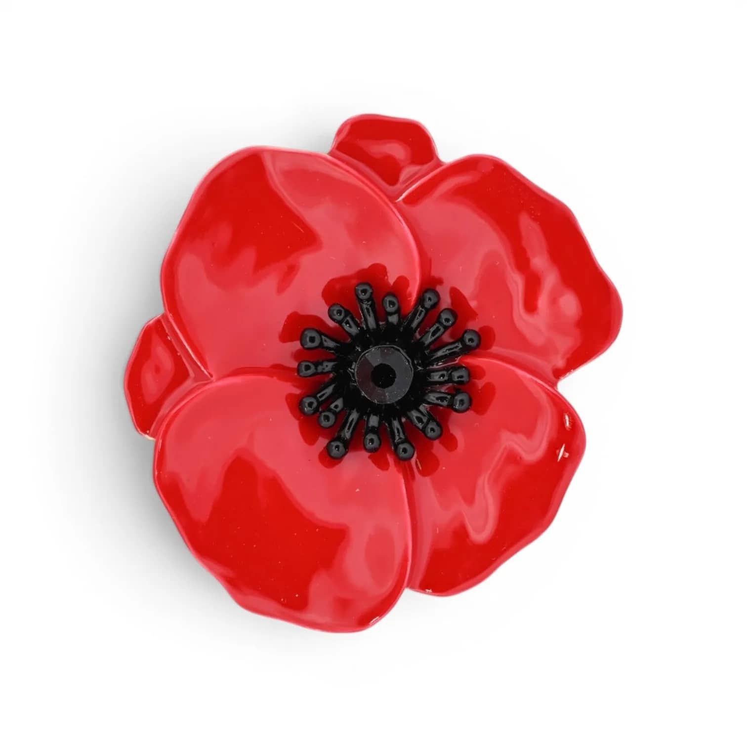 Mohnblumen-Brosche mit leuchtend roten, glänzenden Emailblütenblättern und schwarz gearbeitetem Blütenherz