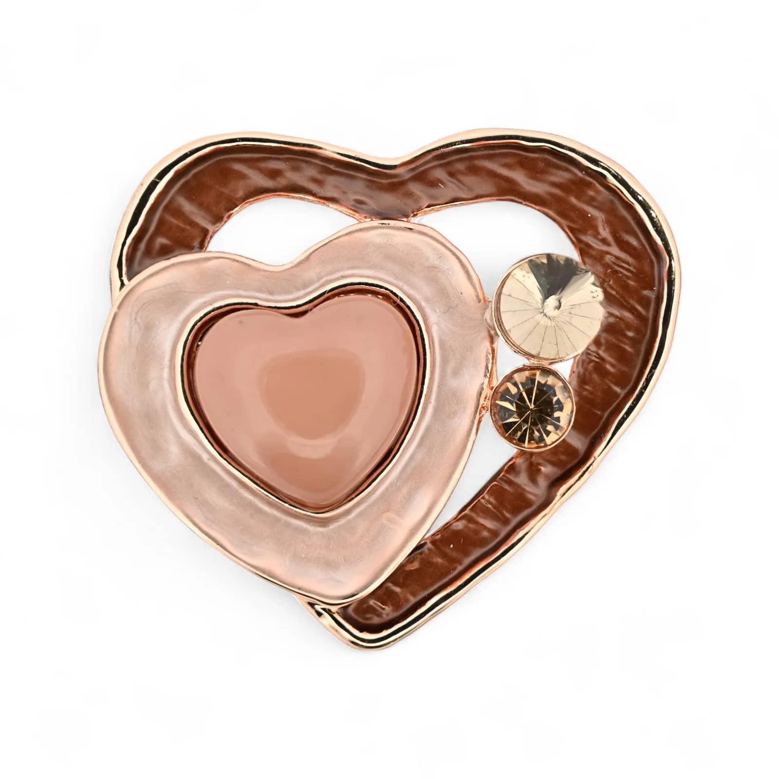 Broche double cœur rose gold aimantée, cœur chocolat et cœur rose poudré avec strass champagne