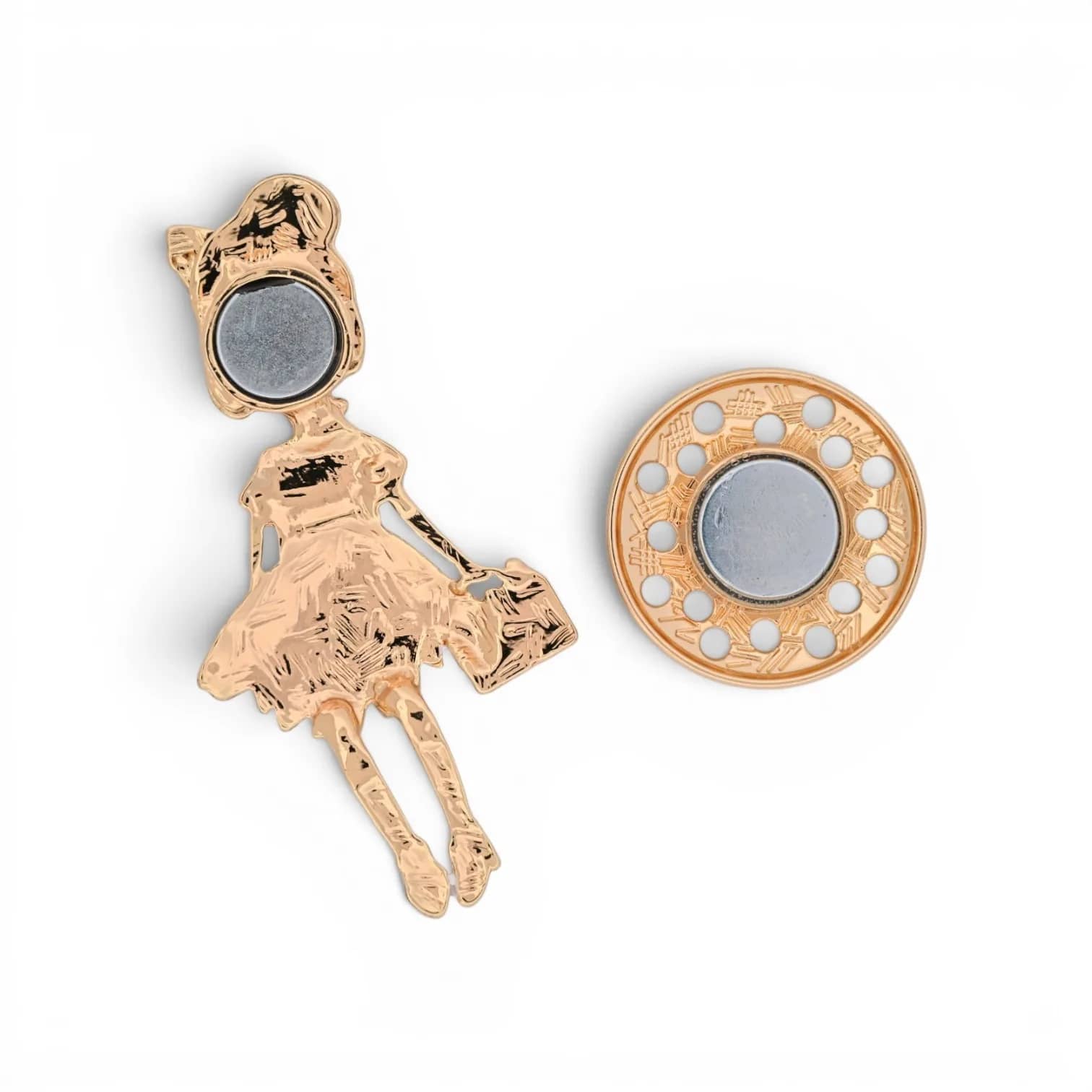Dos de la broche fashionista montrant l'aimant rond et la plaque magnétique, fixation sans trou