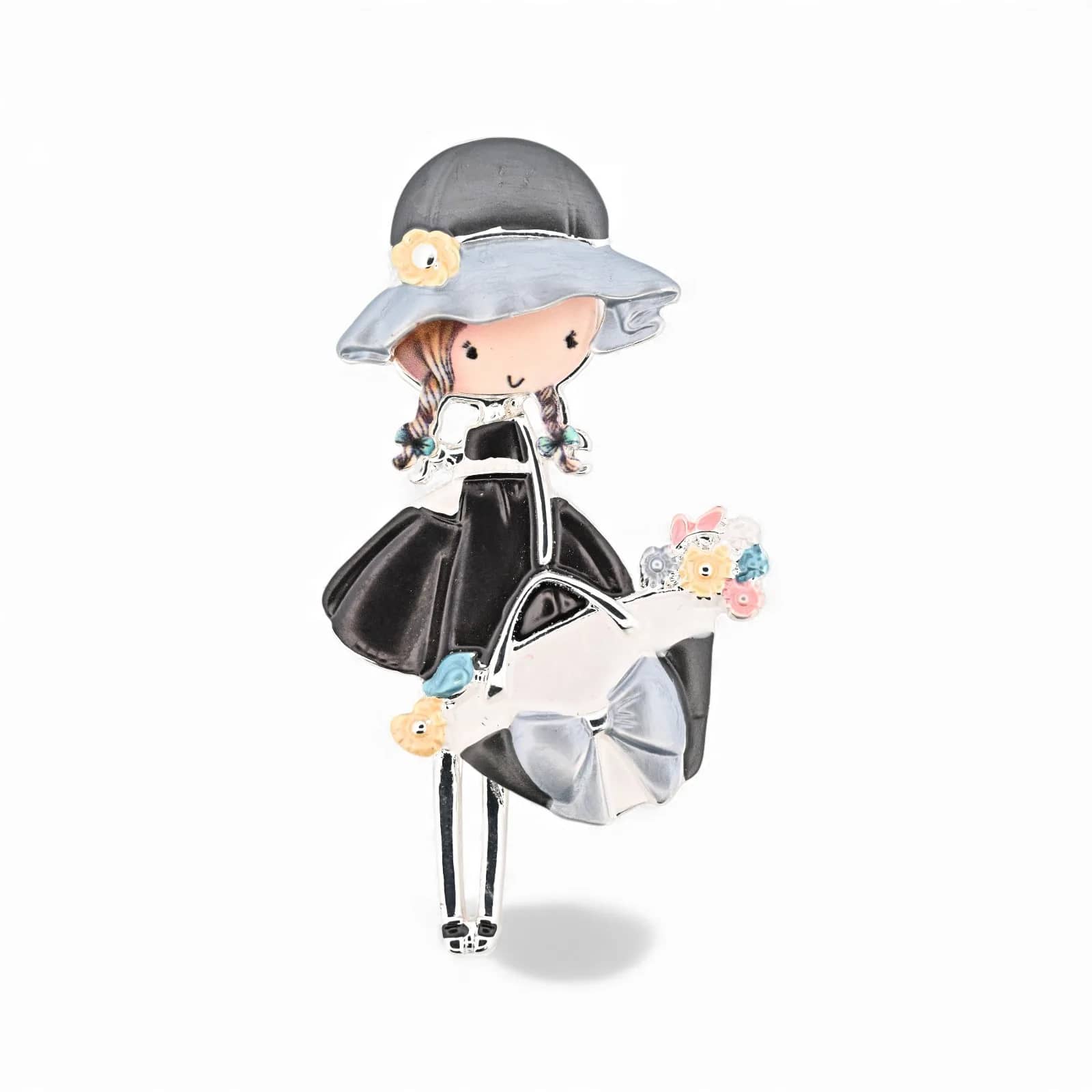 Broche fillette au chapeau vintage aimantée, robe noire, tablier blanc et bouquet pastel