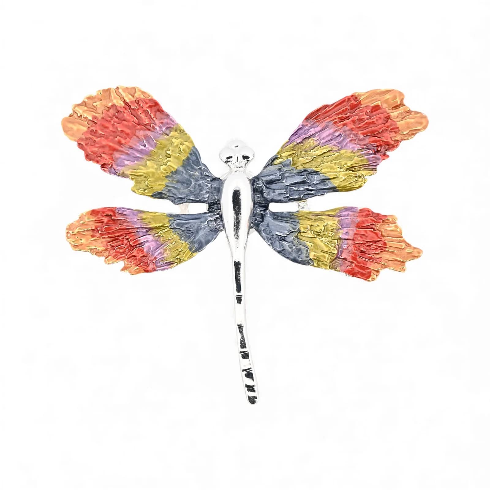 Grande broche libellule arc-en-ciel aimantée, ailes multicolores en dégradé et corps argenté