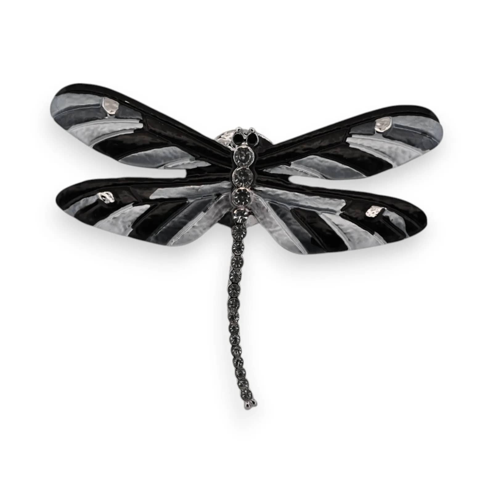Elegante Libellenbrosche in Silber mit schwarz-weiß gestreiften Flügeln und einem mit Kristallen gepflasterten Körper