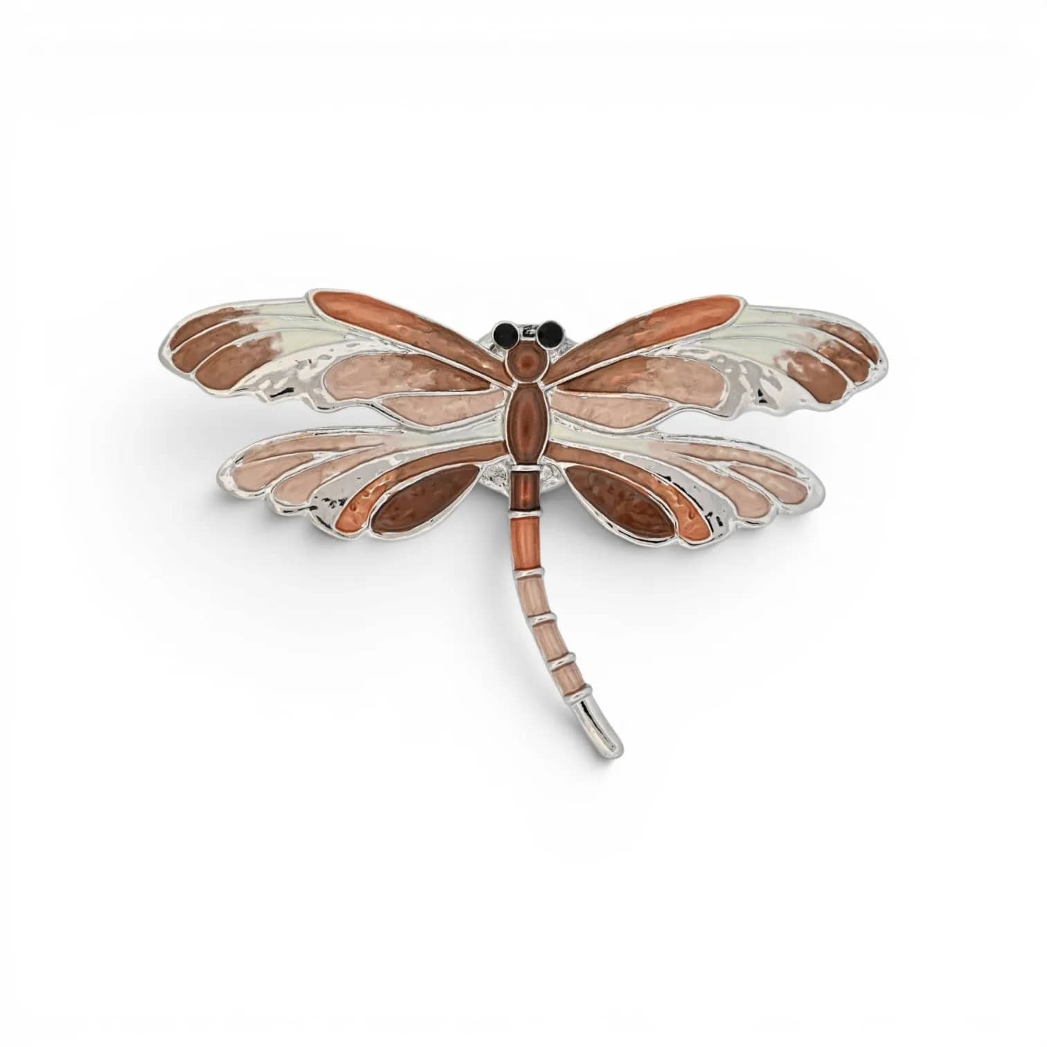 Broche libellule cuivrée et argentée aimantée, grandes ailes émaillées cuivré et beige veinées d'argent