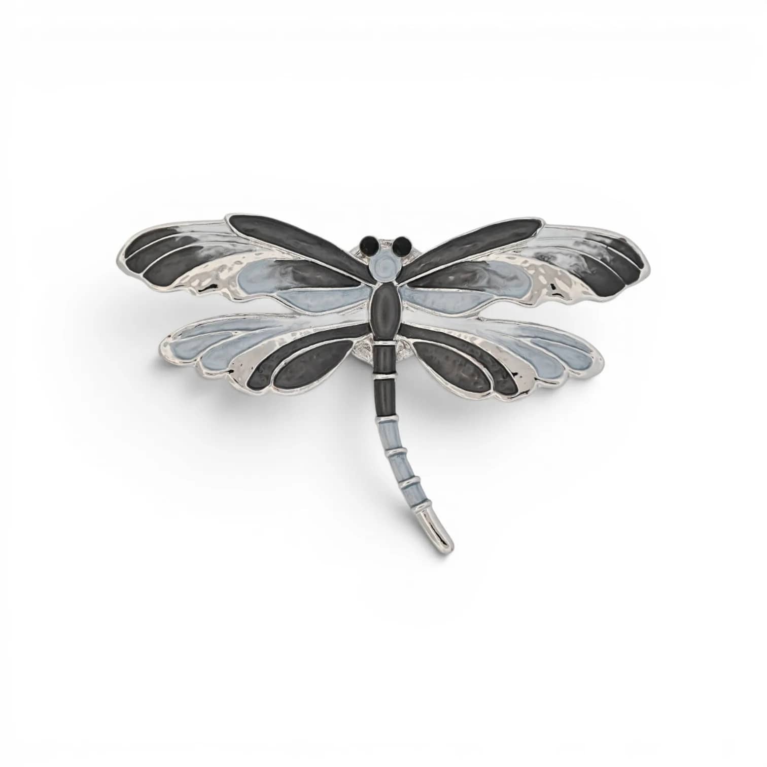 Broche libellule gris et noir argentée aimantée, grandes ailes émaillées gris, noir et bleu pâle veinées d'argent