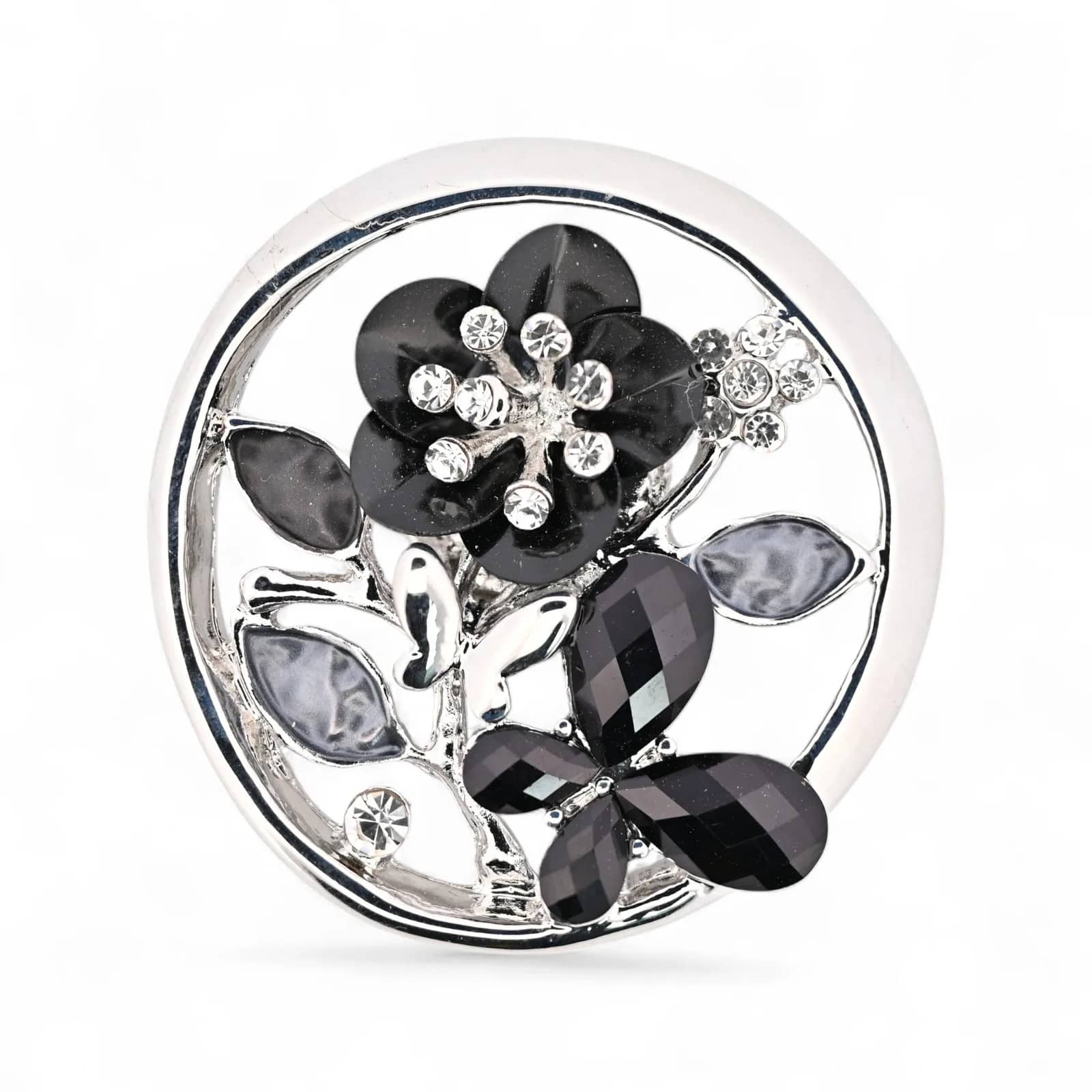 Broche médaillon aimantée noir et argent, fleur et papillon ornés de cristaux en relief