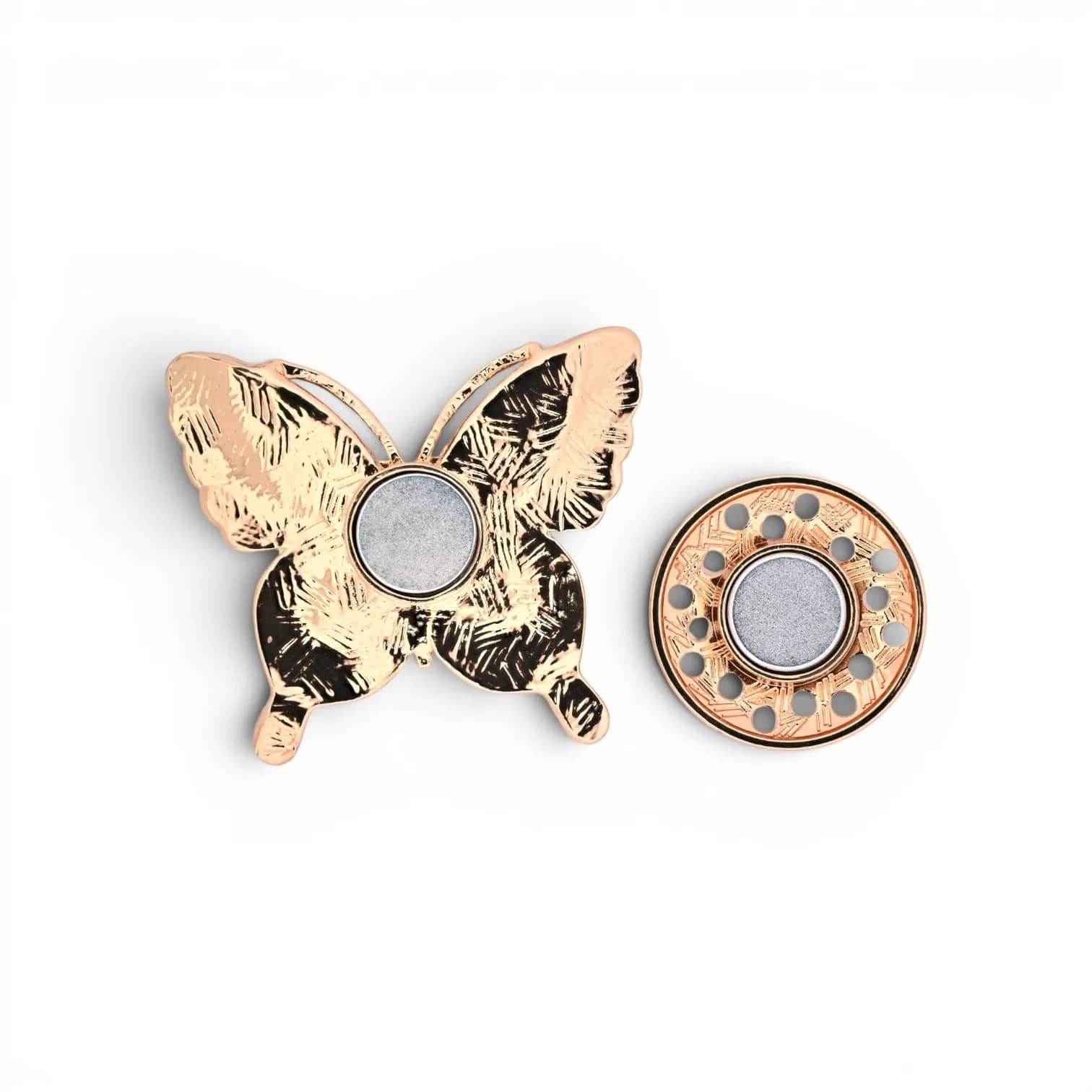 Broche papillon doré ambre et brun, vue du dos avec plaque aimantée