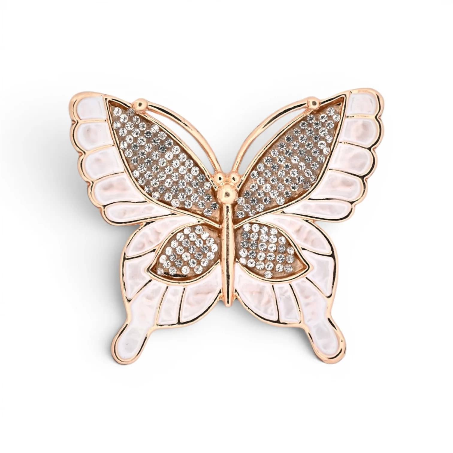 Broche papillon doré à cristaux aimantée, ailes pavées de cristaux et bords en émail blanc nacré