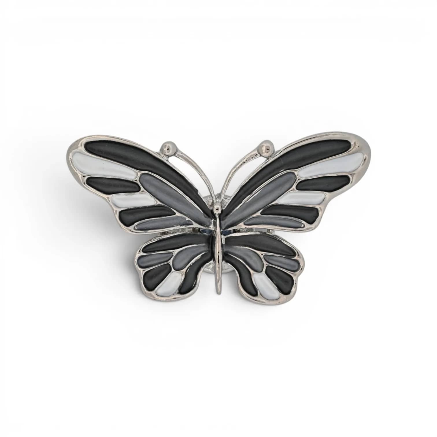 Broche papillon noir et blanc argentée aimantée, ailes émaillées noir, gris et blanc façon vitrail