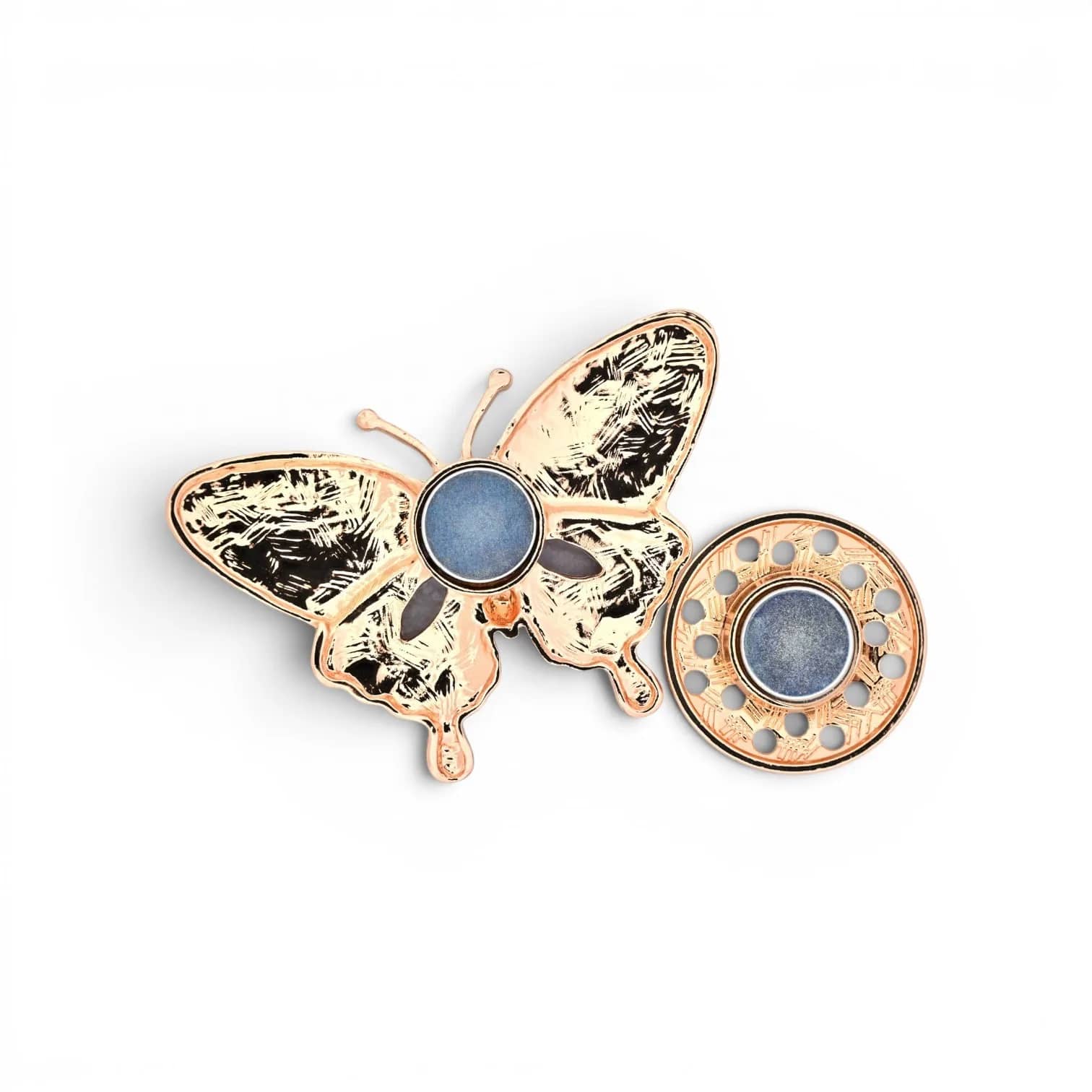 Broche papillon noir et gris, vue du dos avec plaque aimantée