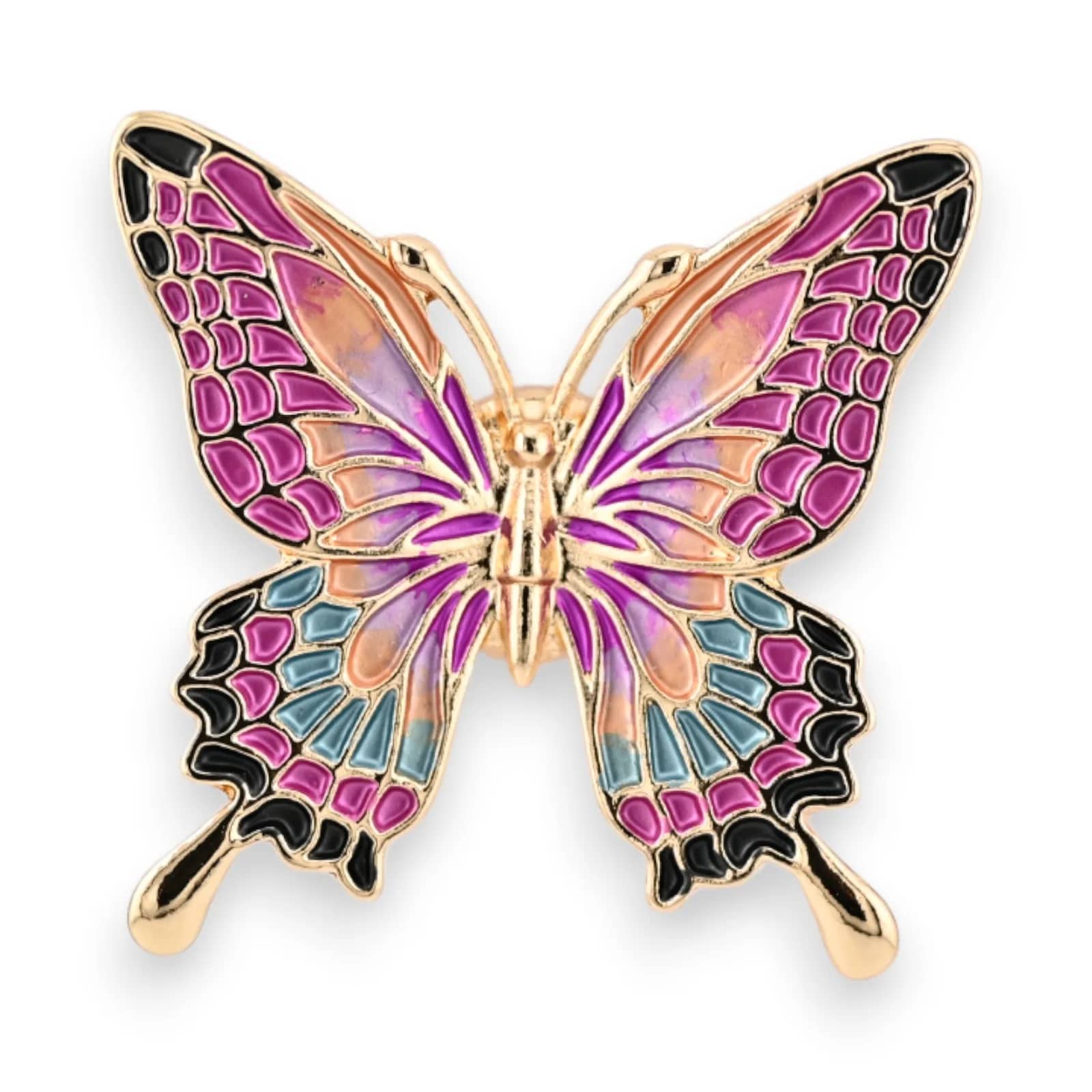 Bunte Schmetterlingsbrosche mit goldener Fassung, große Flügel in Glasmalerei-Optik in Rosa, Violett, Pfirsich und Blau