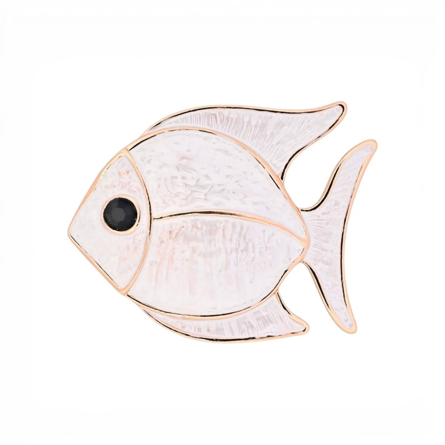 Broche poisson blanc nacré et doré aimantée, corps nacré souligné de contours dorés