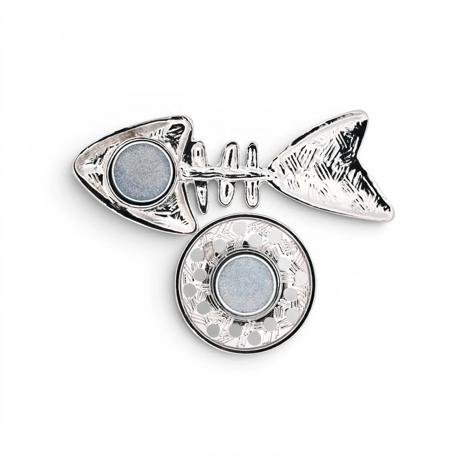 Broche poisson bleu et violet à strass, dos avec plaque magnétique
