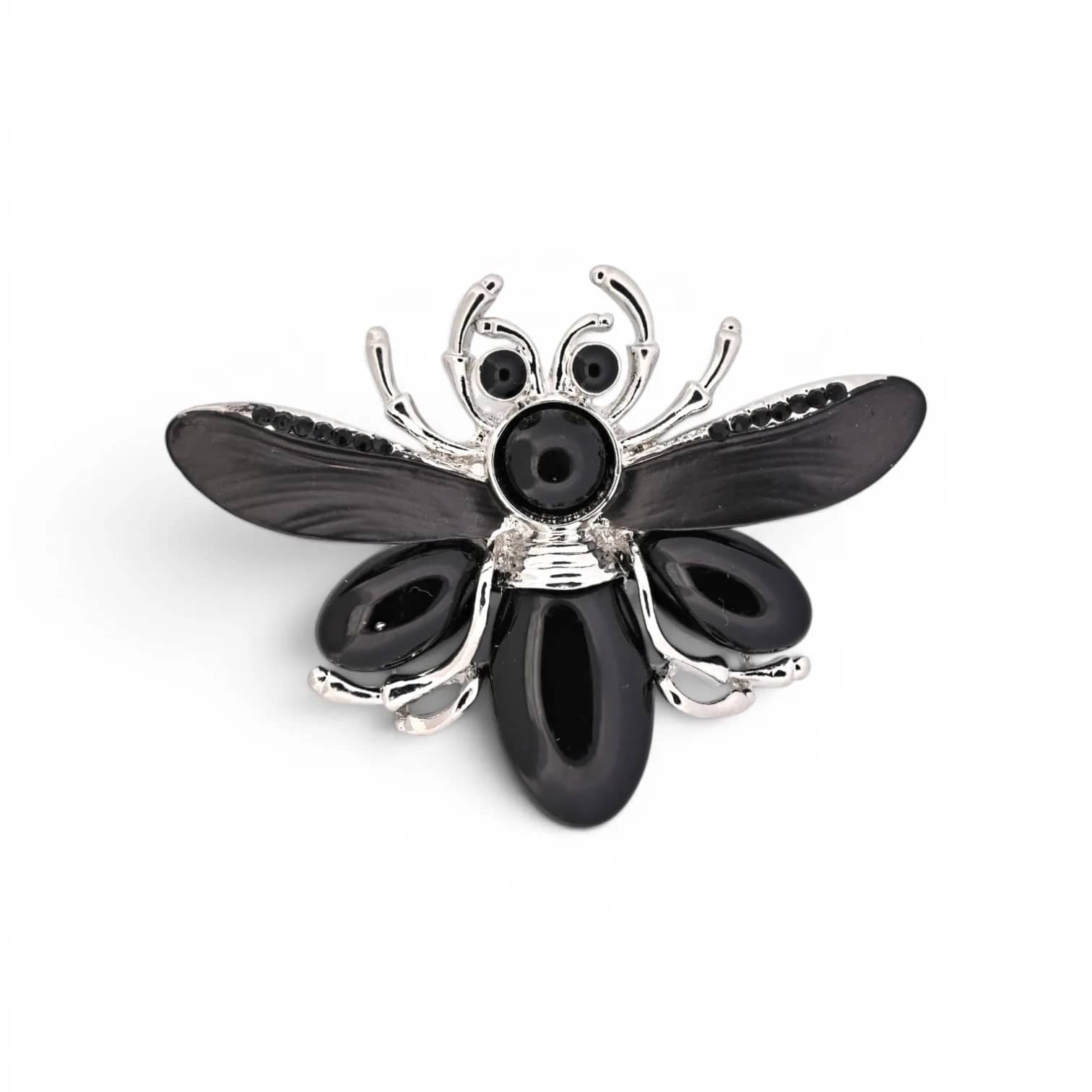 Broche scarabée noir et argenté aimantée, corps noir émaillé et ailes gris marbré à cristaux