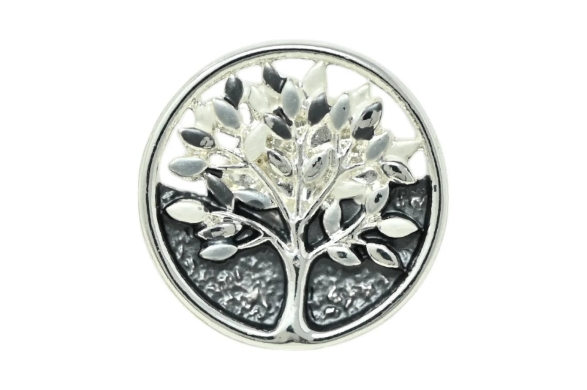 Kleine runde Lebensbaum-Brosche silber, fein ziseliertes Blattwerk auf schwarzem Emaille-Grund, Durchmesser 2,8 cm