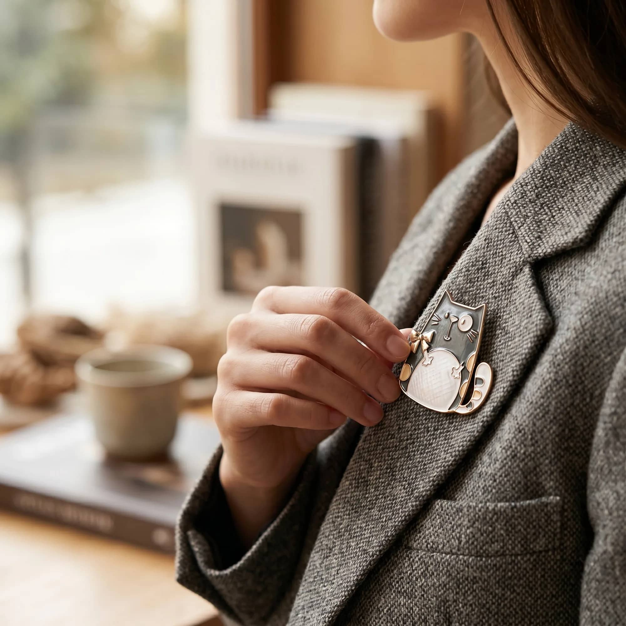 Magnetische Katzenbrosche, getragen am Revers eines grauen Tweed-Blazers