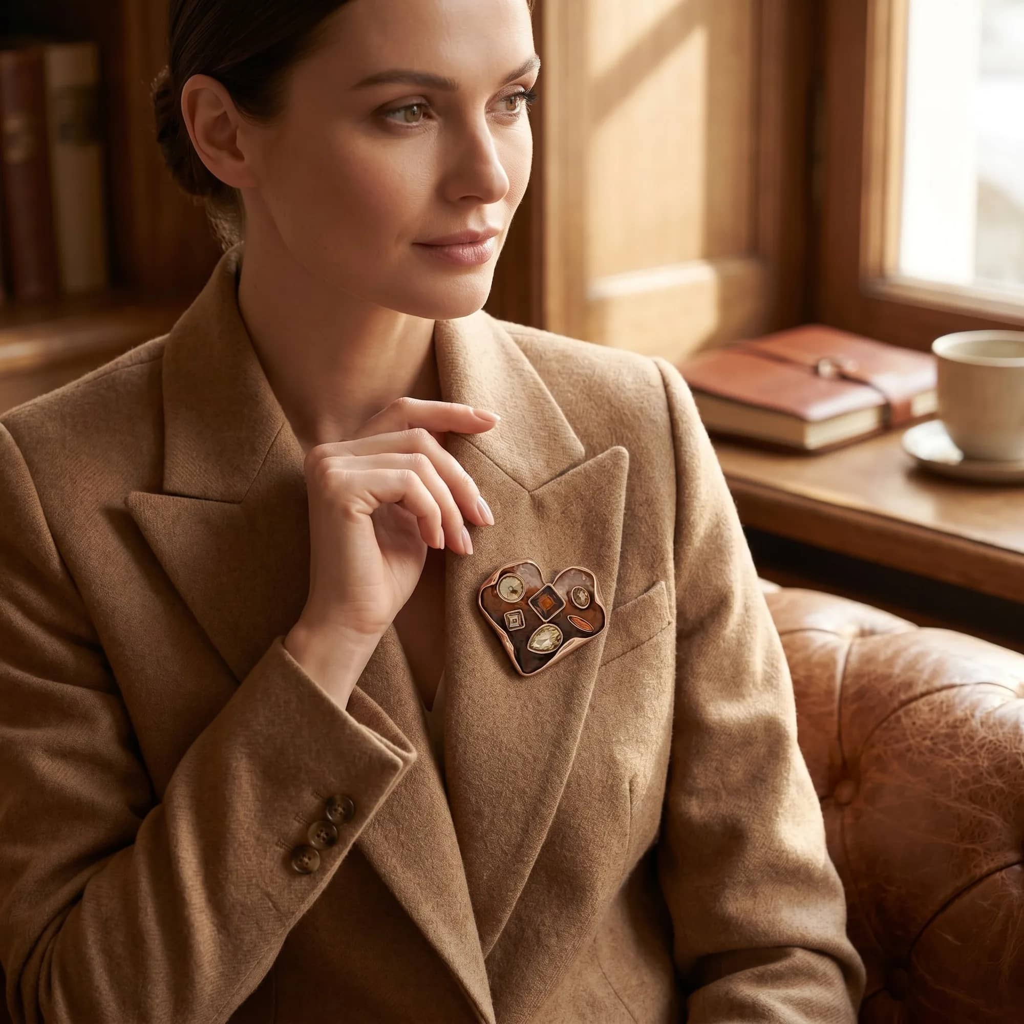 Broche cœur ambré et doré à cristaux aimantée portée sur une veste