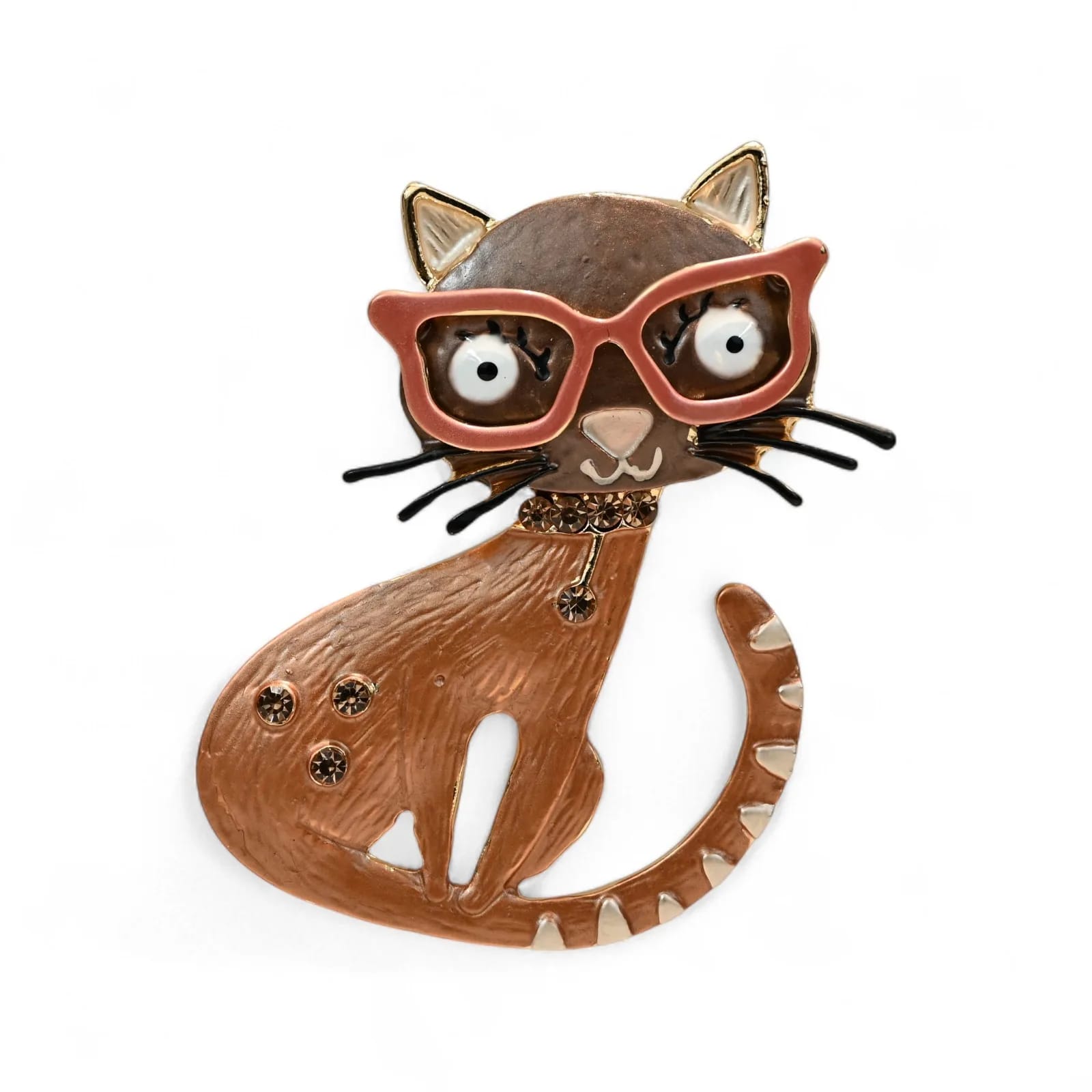 Broche chat aimantée kawaii marron à lunettes roses, collier doré et strass