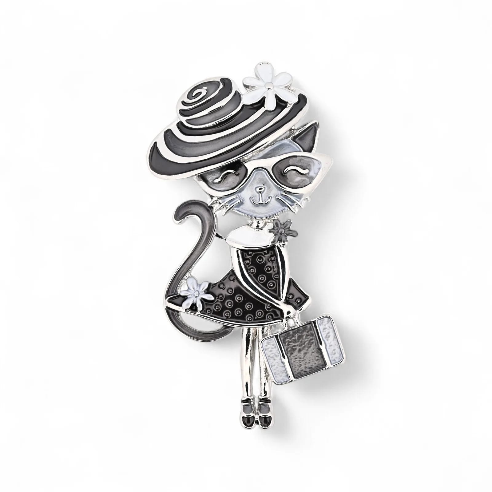 Broche chatte parisienne aimantée, dame féline au chapeau rayé, robe à pois et petite valise, noir et blanc