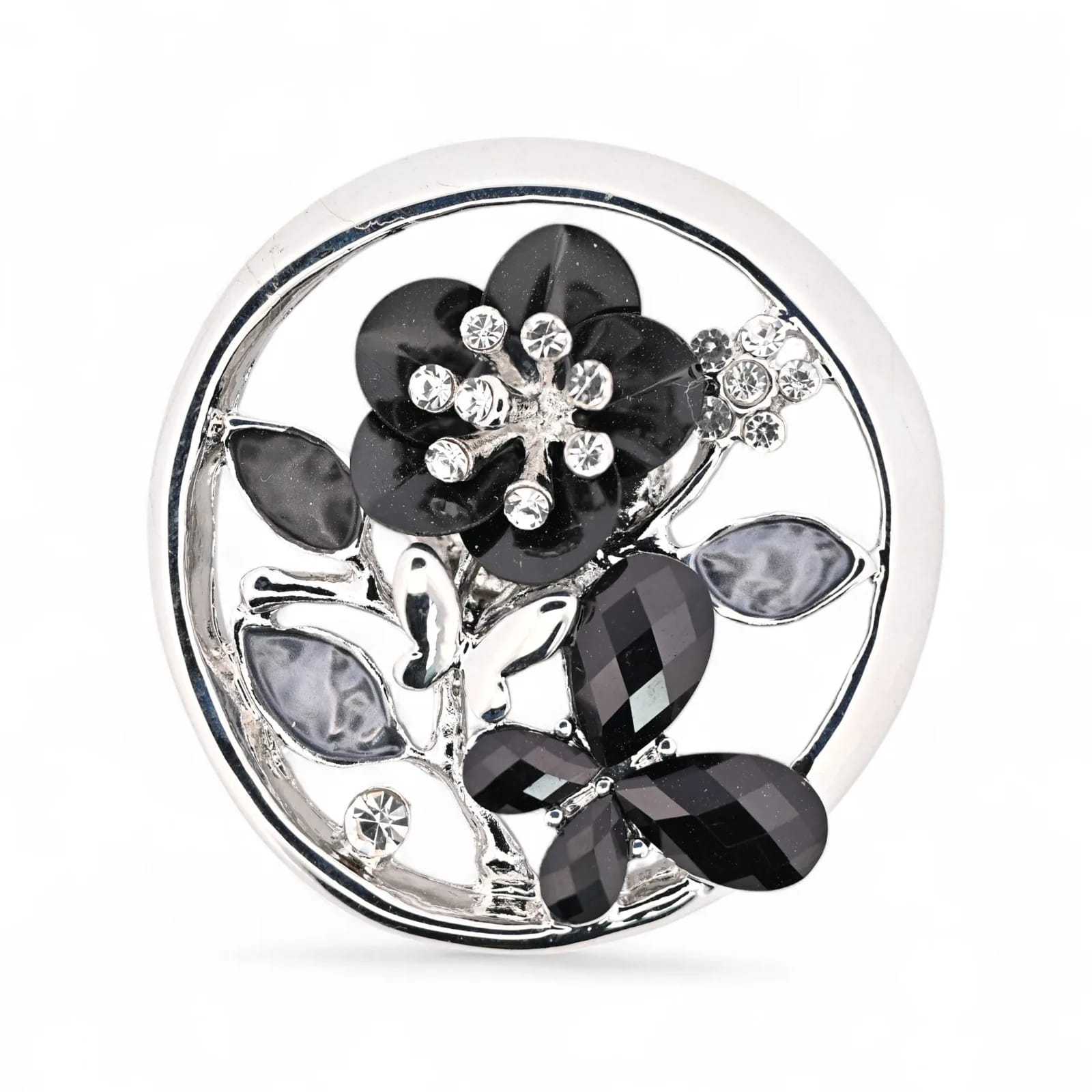 Broche médaillon aimantée noir et argent, fleur et papillon ornés de cristaux en relief