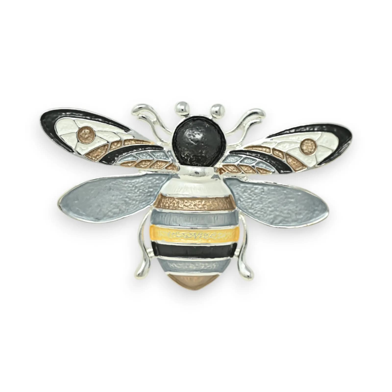 Broche abeille aimantée en acier de couleur argentée, vue de face