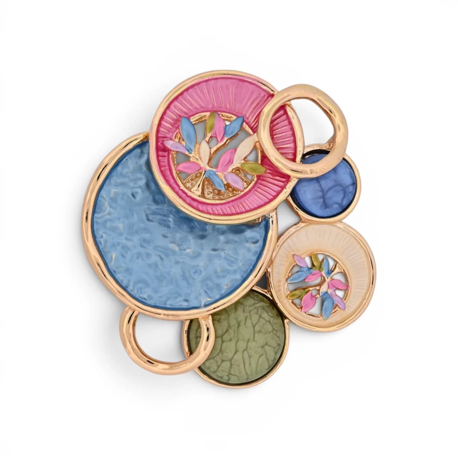 Broche Abstraite Aimantée en Acier Doré, Sept Cercles Émaillés Multicolores, 5,6 cm