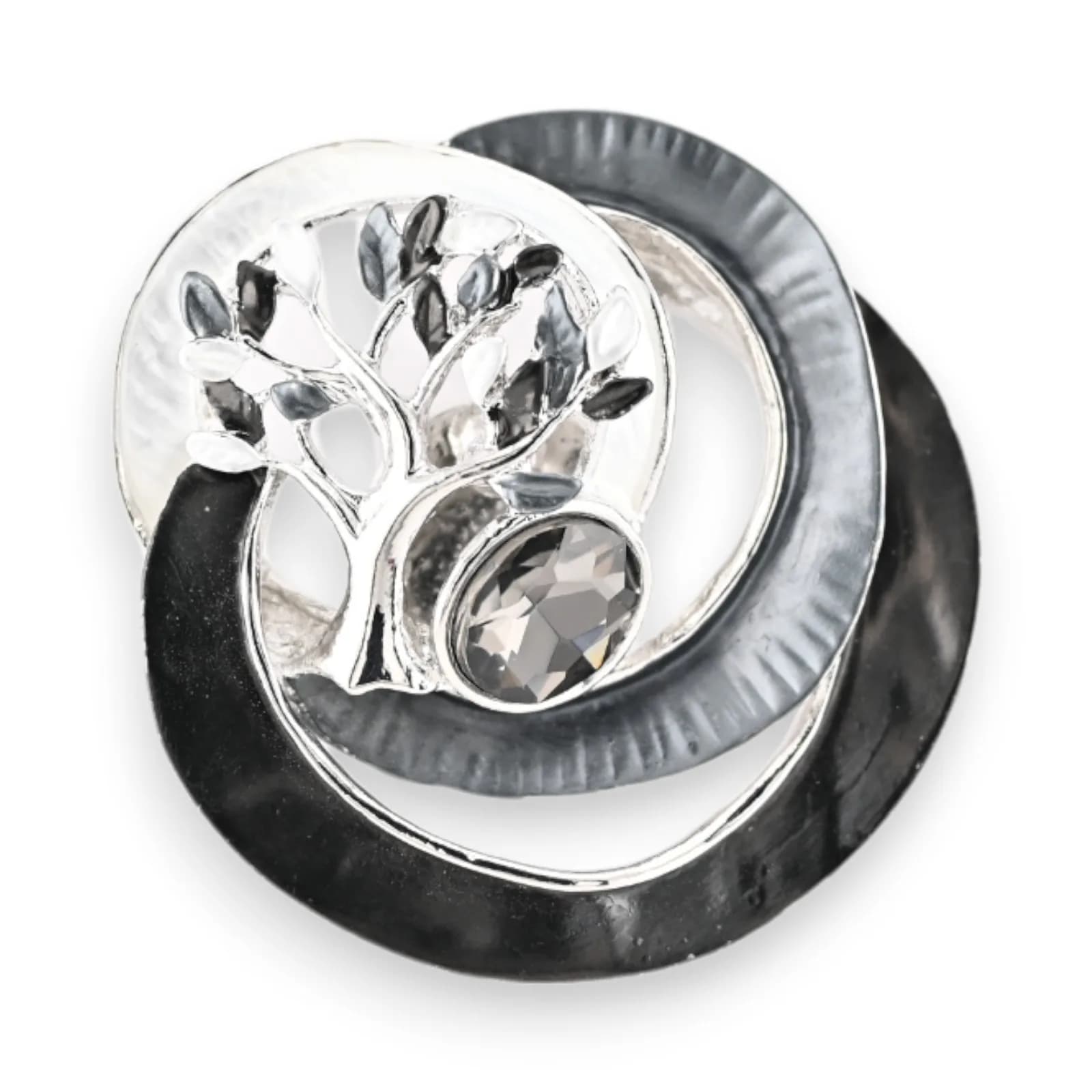 Broche arbre de vie aimantée argentée avec anneaux gris et noirs