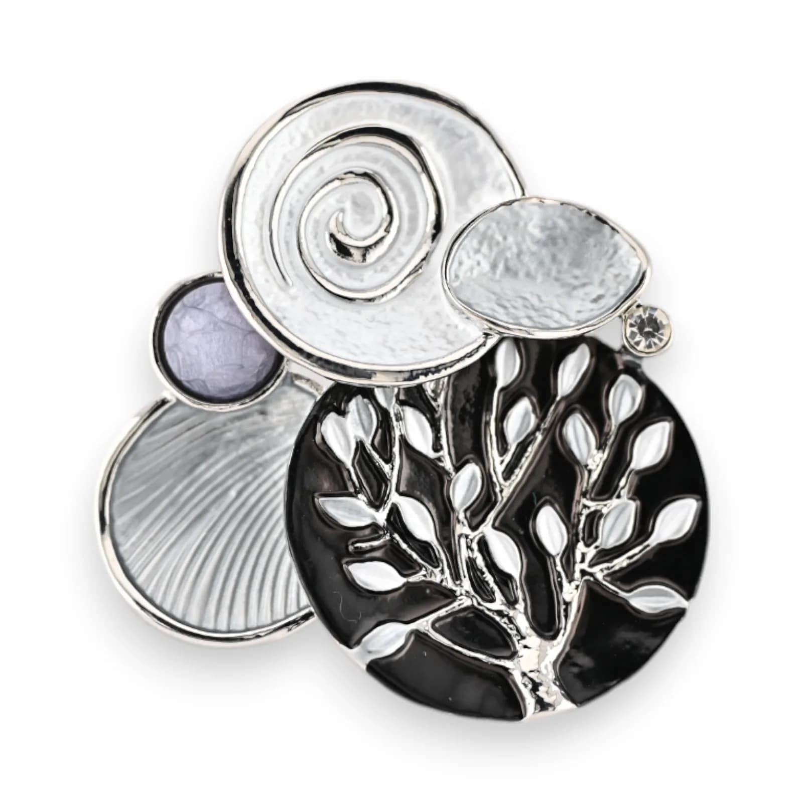 Broche Arbre et Spirale Argentée Aimantée en Acier, 5 cm