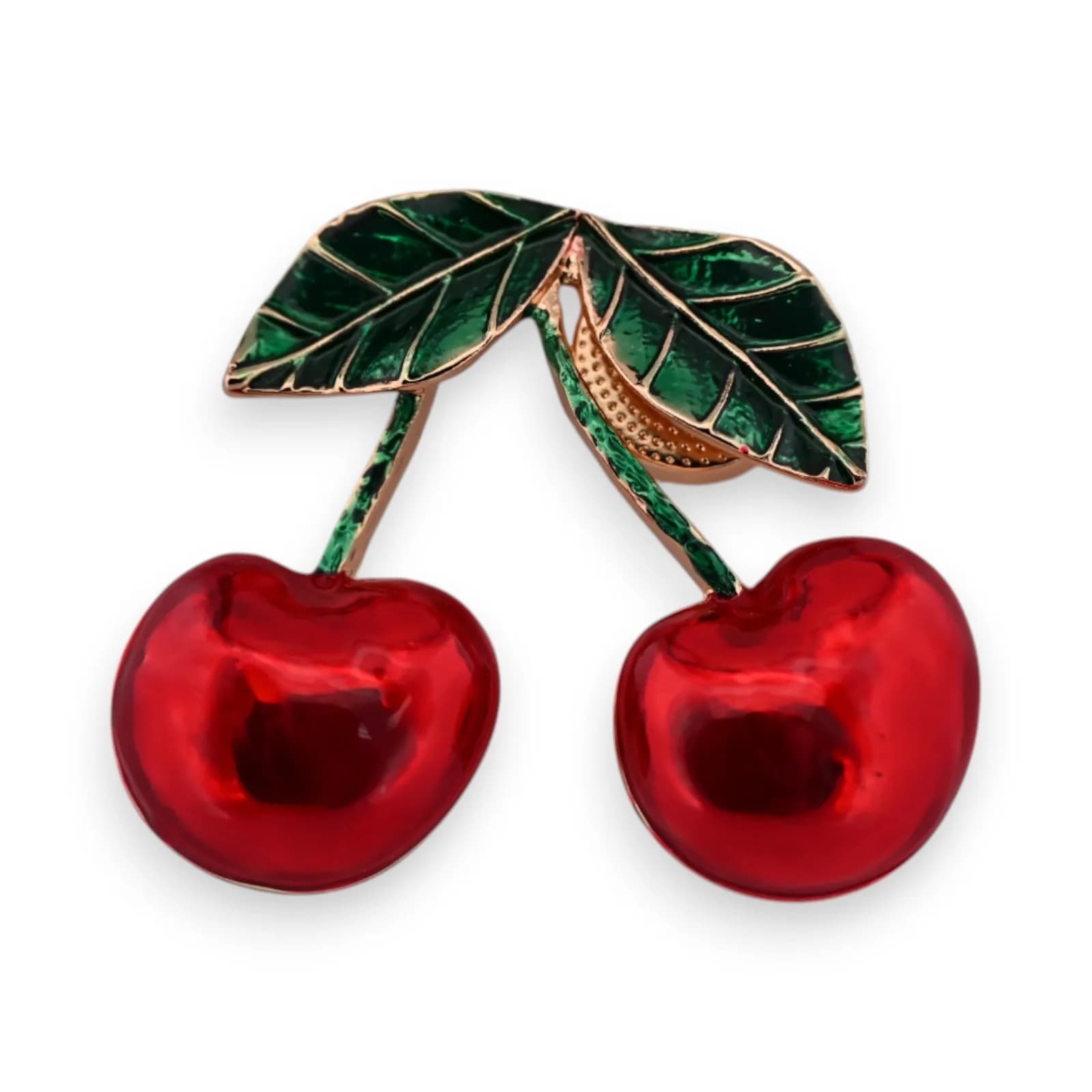 Broche Cerises Rouges Émaillée Aimantée en Acier Doré, 6 cm
