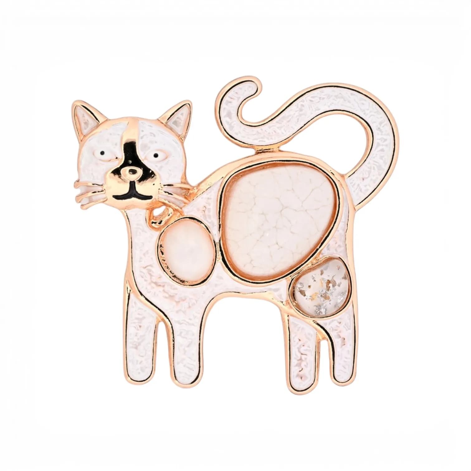 Broche Chat Blanc Aimantée en Acier Doré avec Cabochons Crème, 5,5 cm