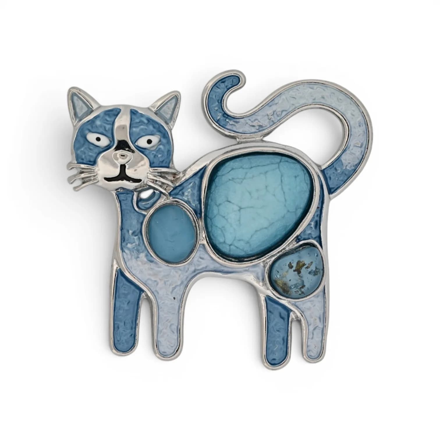 Broche Chat Bleu en Acier Argenté Aimantée à Inserts