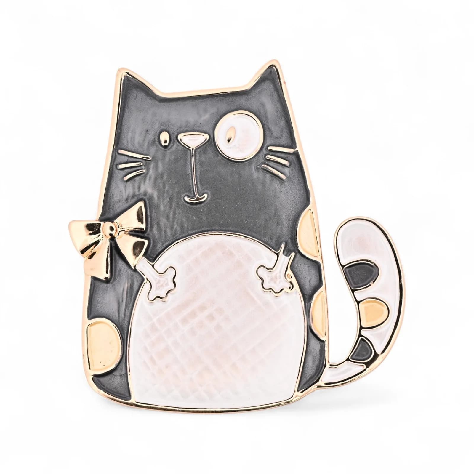 Broche chat comique aimantée à gros œil en acier de couleur dorée