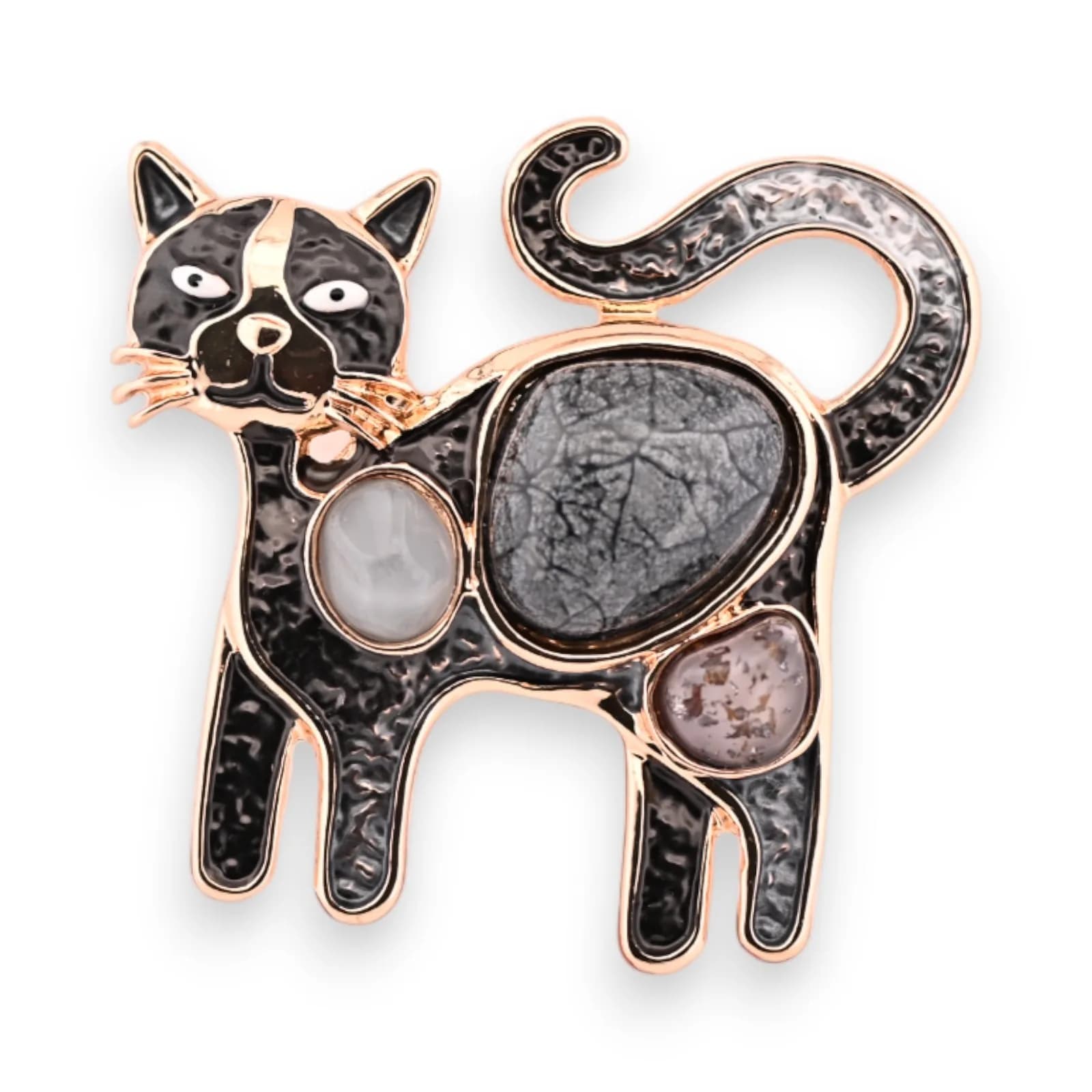Broche aimantée en forme de chat noir à décors bombés en acier de couleur rose doré