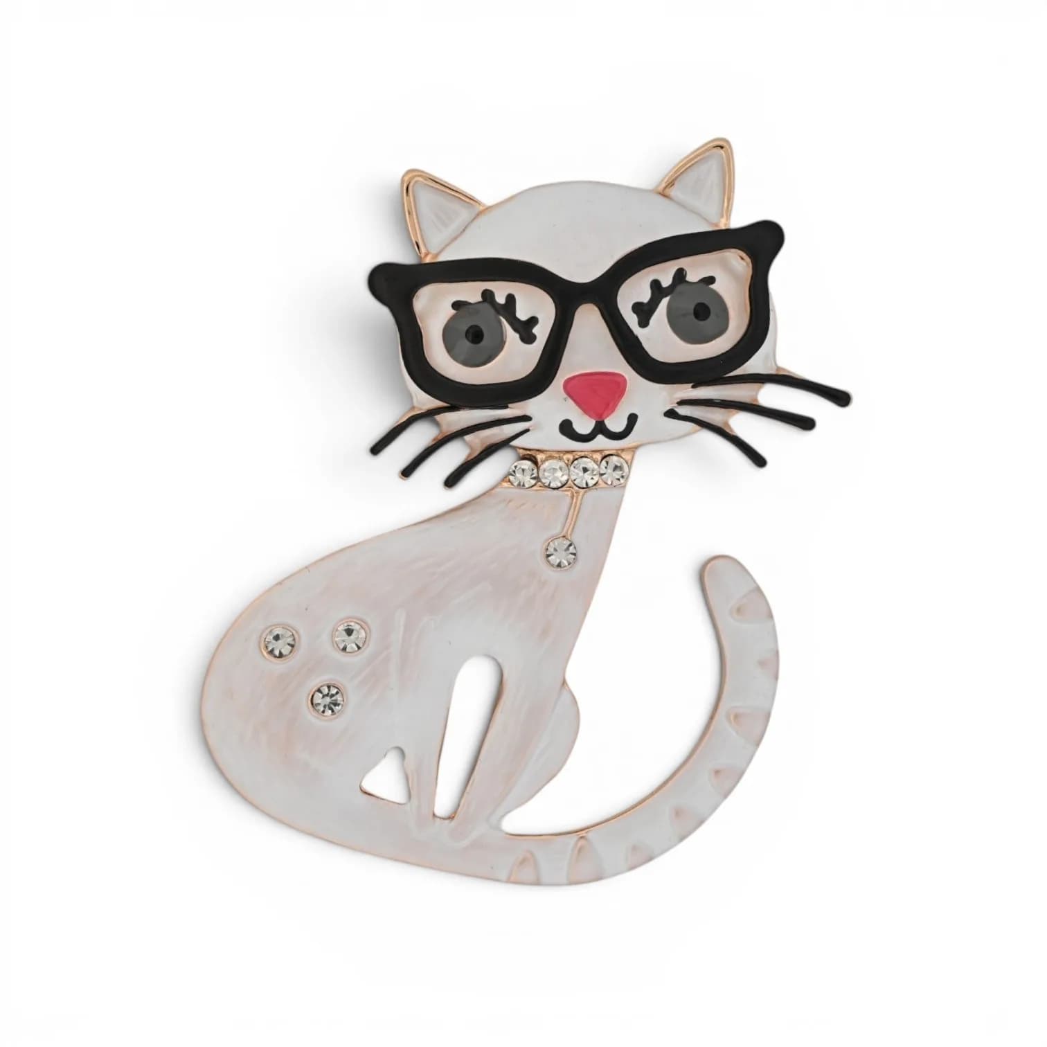 Broche Chat Blanc à Lunettes et Strass en Acier Doré Aimantée