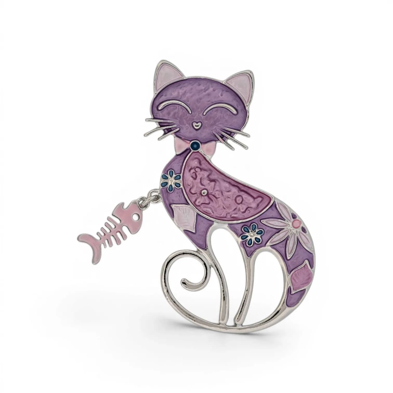 Broche Chat Violet Fleuri à Pendentif Arête en Acier Argenté Aimantée