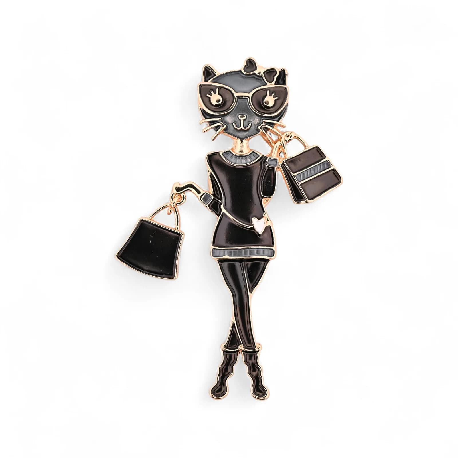 Broche Chat Fashionista Shopping Aimantée en Acier Doré, 7 cm