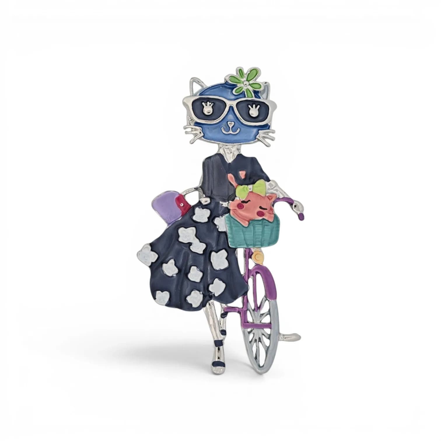 Broche Chat à Vélo Multicolore en Acier Argenté Aimantée