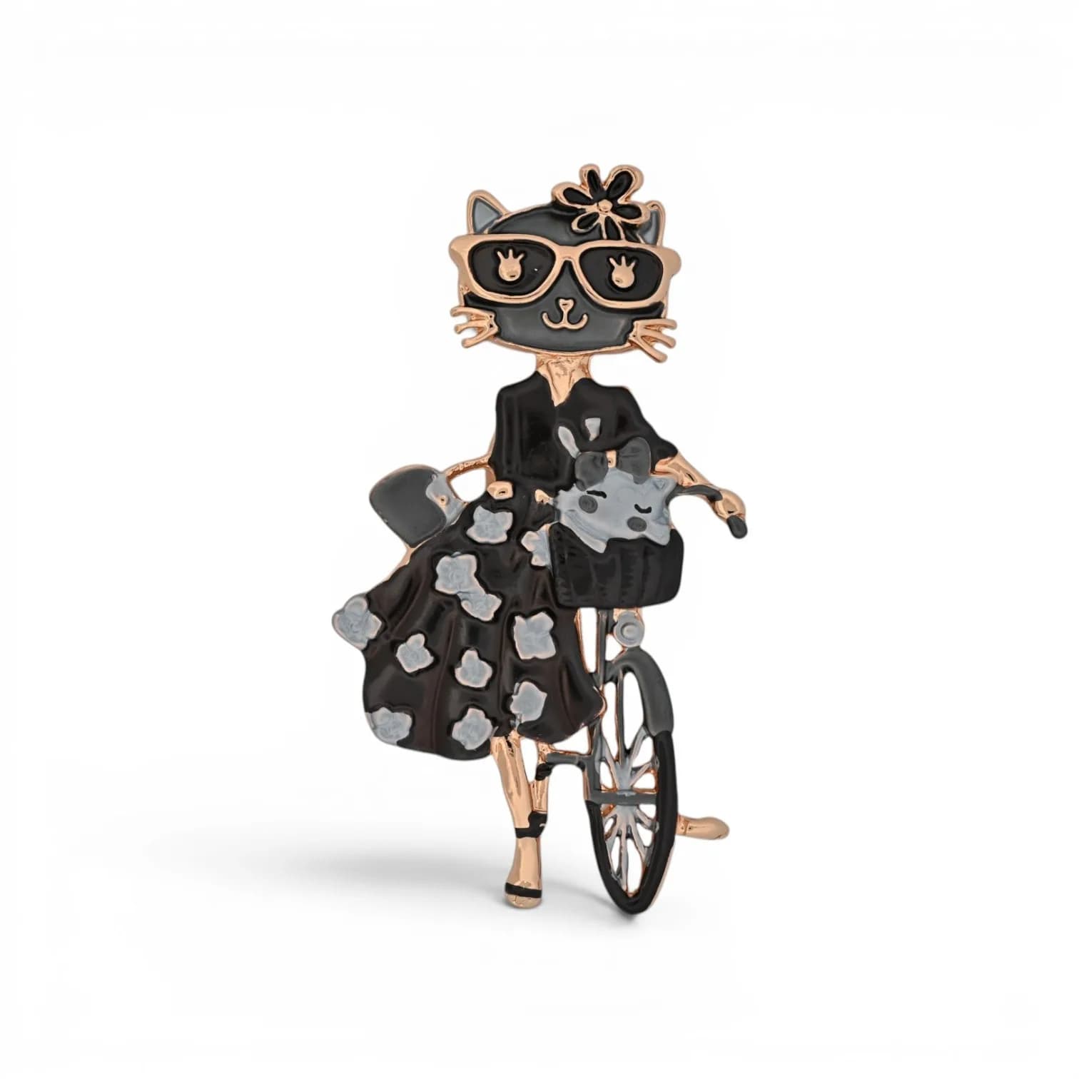 Broche Chat avec Vélo Noire et Grise en Acier Doré Aimantée