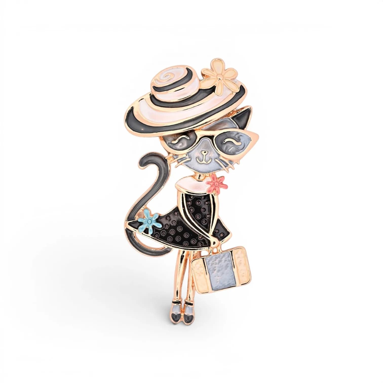 Broche Chat Voyageur au Chapeau et à la Valise Aimantée en Acier Doré, 8 x 4 cm