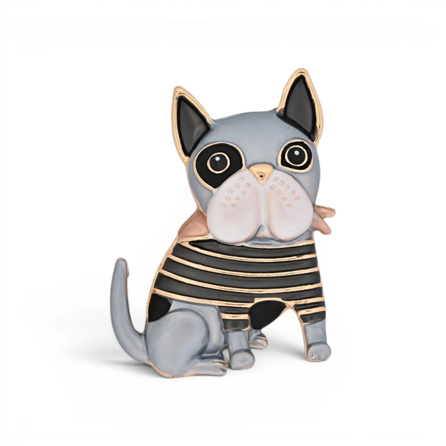 Broche chien gris et noir aimantée en acier doré vue de face
