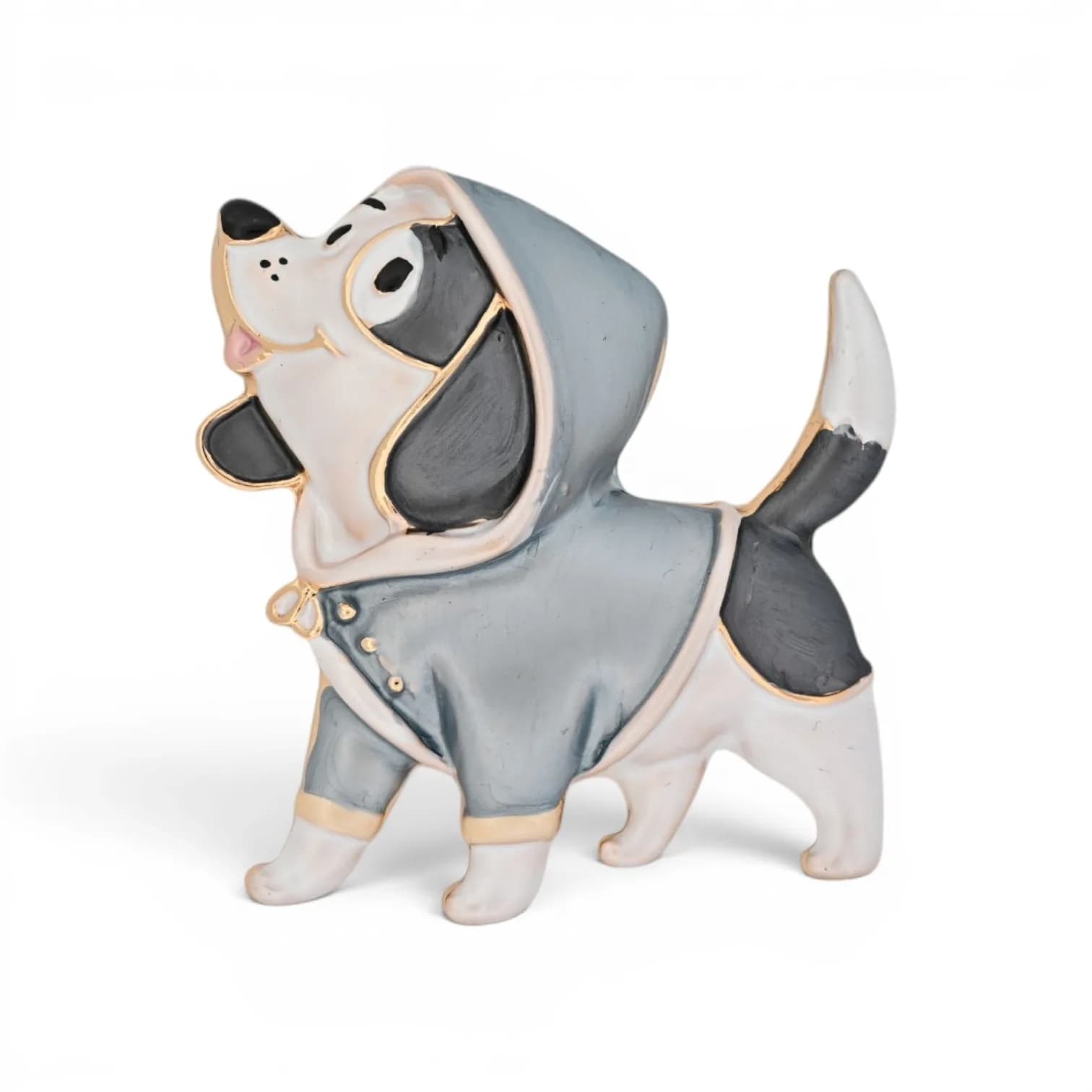 Broche chien aimantée avec imperméable gris à capuche et bottes
