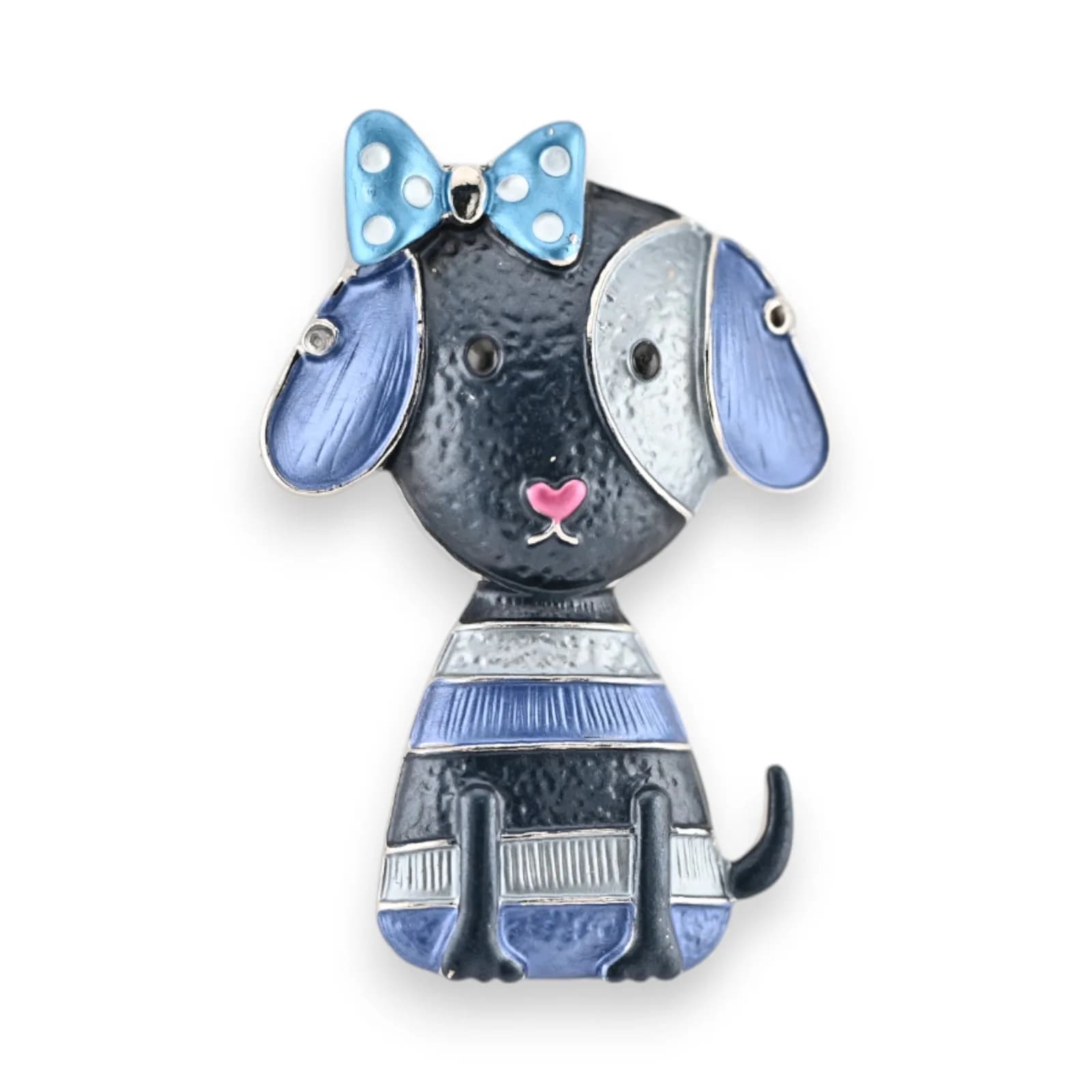 Broche chien bleu et anthracite en acier couleur argentée avec nœud bleu à pois blancs