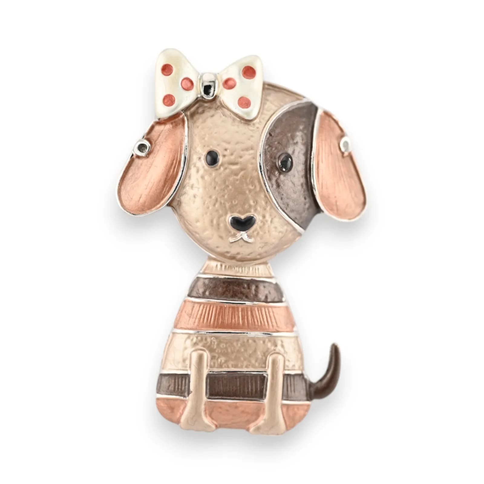 Broche chien marron et beige en acier couleur argentée avec nœud crème à pois terracotta